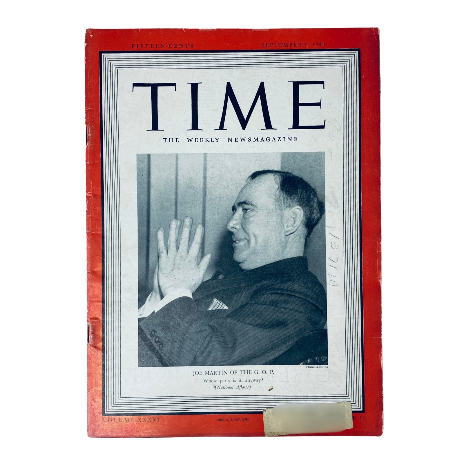 Time Magazine September 9, 1940 - Vol. 36 No. 11 featuring Joe Martin of the G.O.P. Cover displaying a profile image of Joe Martin, Republican leader and Speaker of the U.S. House, with the title prominently featured.