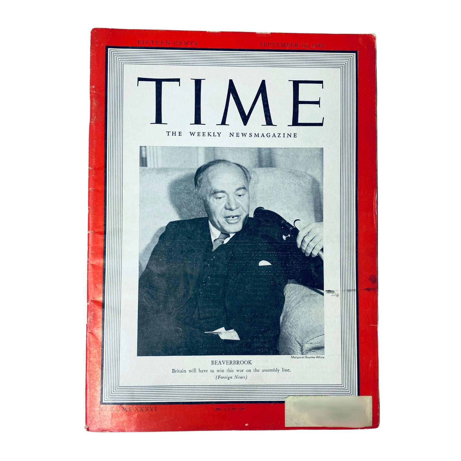 Time Magazine cover from September 16, 1940, Vol 36 No. 12 featuring Baron Beaverbrook, showcasing British media magnate and wartime cabinet minister, in good condition.
