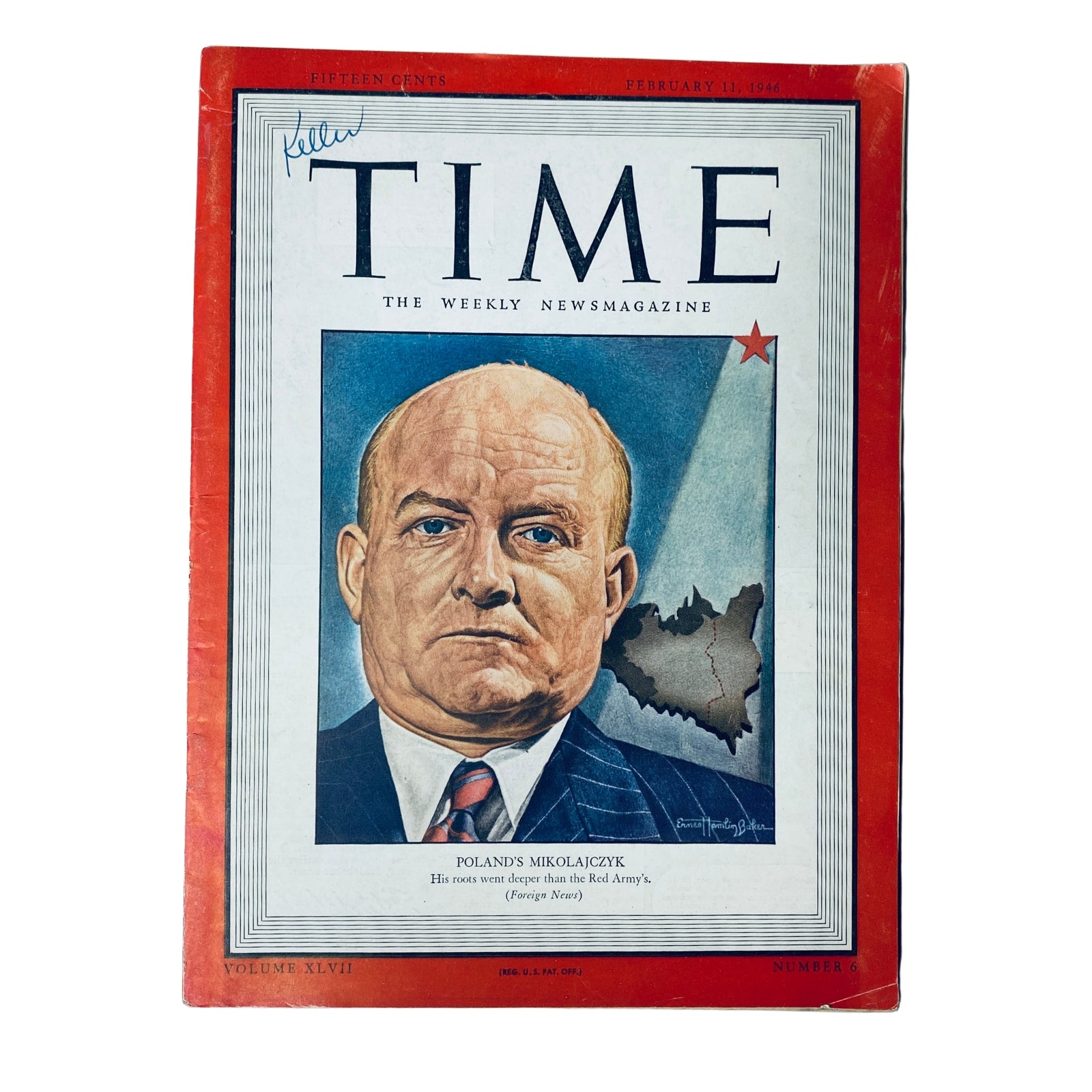 Front cover of Time Magazine dated February 11, 1946, Vol. 47, No. 6 featuring Polish statesman Stanislaw Mikolajczyk with a portrait illustration.