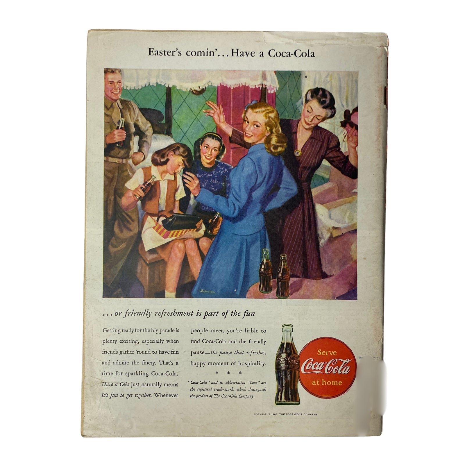 Back cover of Time Magazine February 11, 1946, featuring a colorful Coca-Cola advertisement promoting refreshments during Easter celebrations.