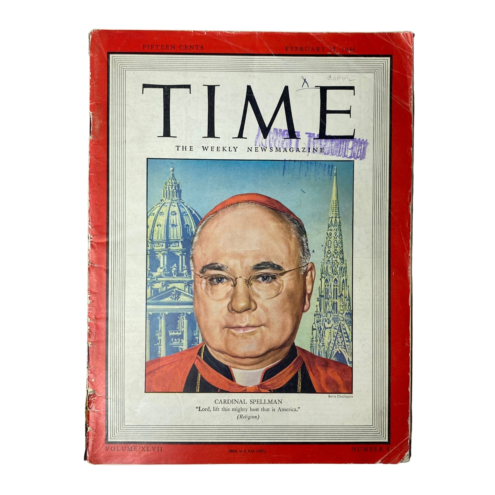 Time Magazine February 25, 1946 Vol 47 No. 8 featuring Cardinal Spellman on the cover, with an image of the cardinal in red vestments and a backdrop of architectural landmarks.