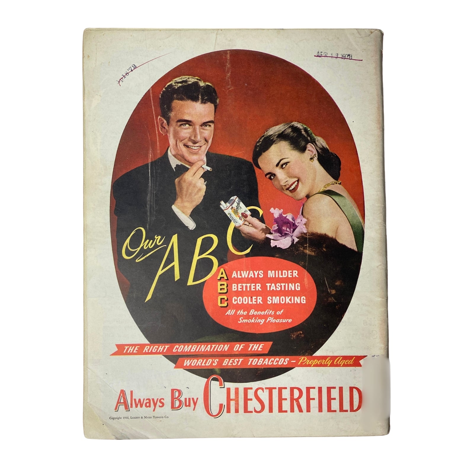 Cover of vintage advertisement featuring a man and a woman promoting Chesterfield cigarettes, titled 'Always Buy Chesterfield.' The image showcases the slogan 'Always milder, better tasting, cooler smoking,' emphasizing the comforts of smoking pleasure.