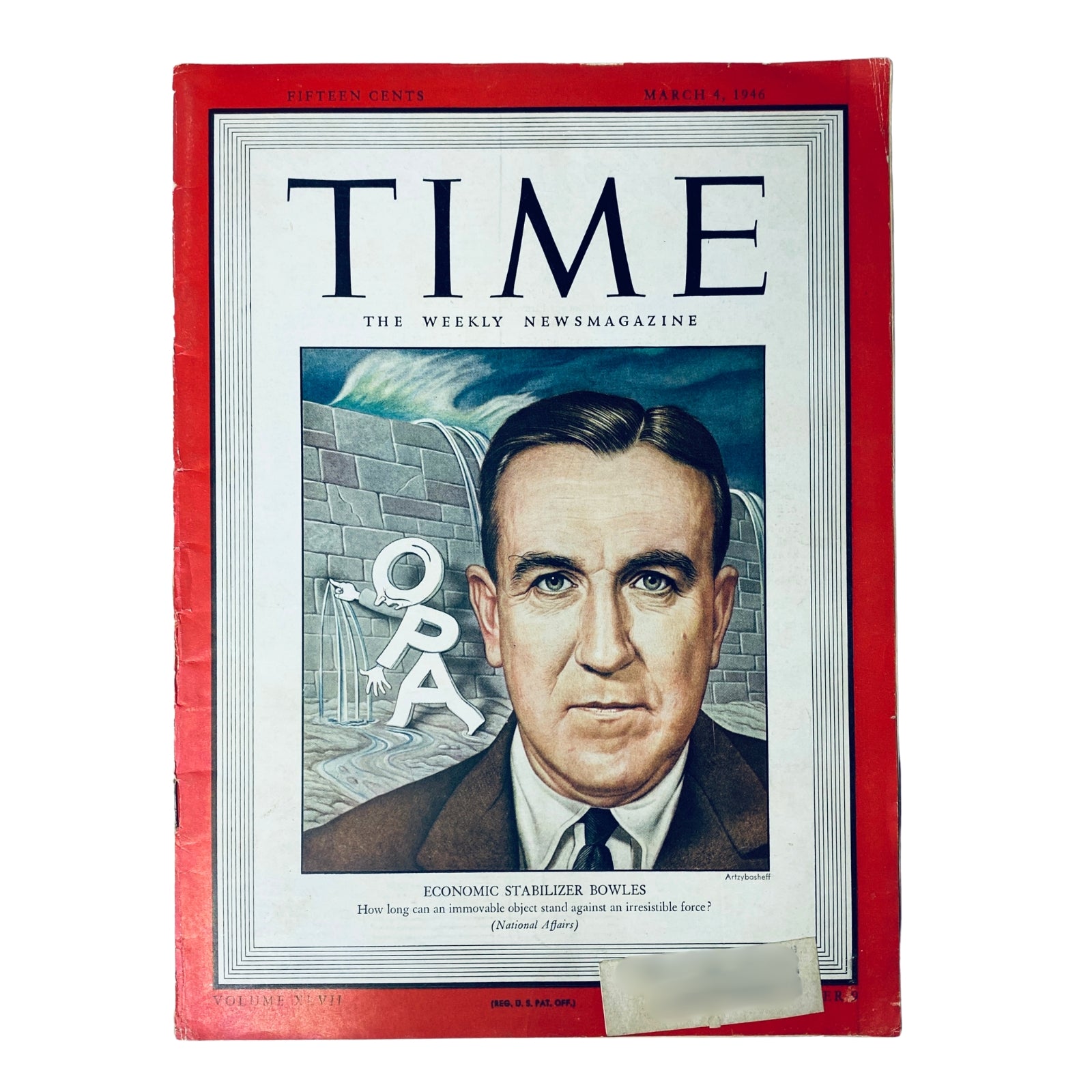 Time Magazine cover from March 4, 1946, featuring Economic Stabilizer Chester Bliss Bowles. The cover includes a dramatic illustration with Bowles' portrait and the words 'OPA' and a question about economic stability.