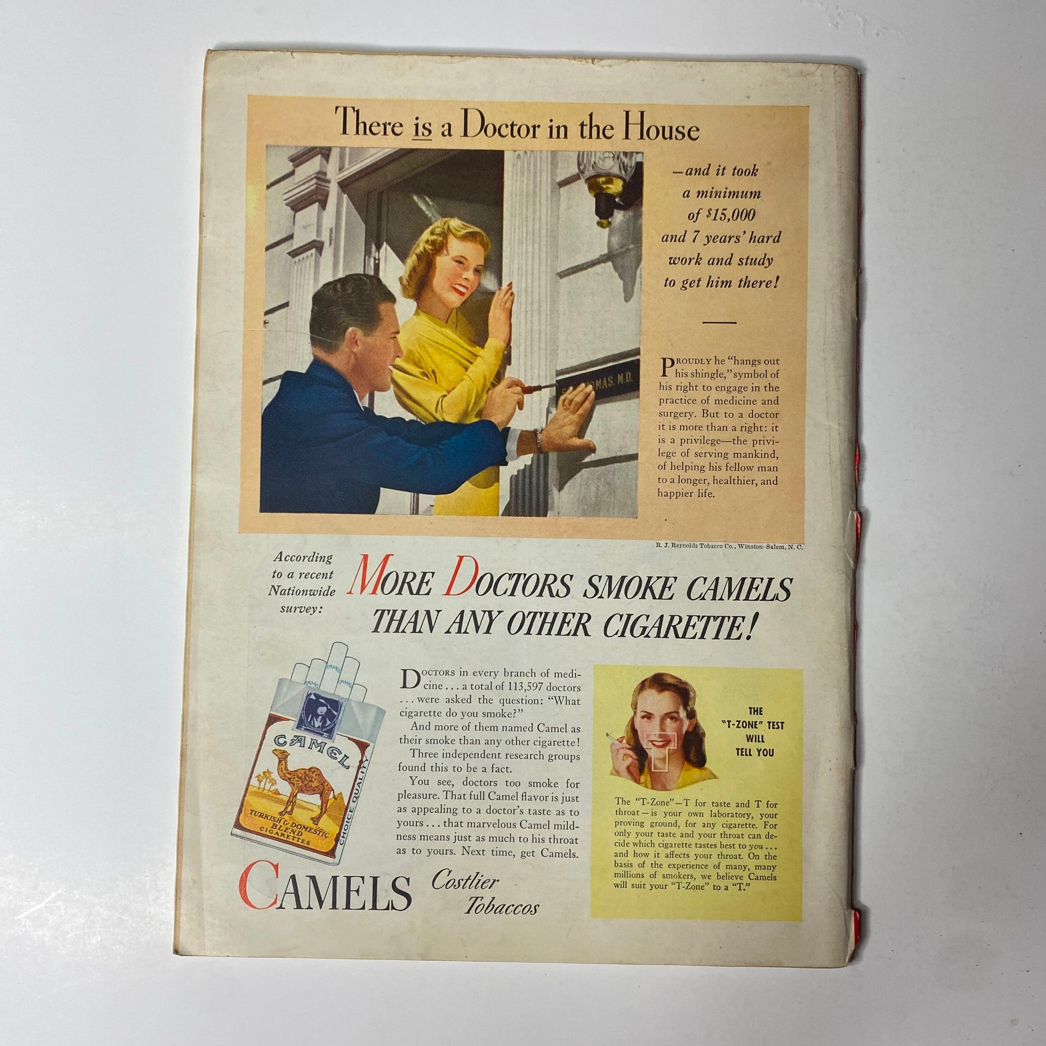 Back cover of Time Magazine from March 4, 1946, featuring an advertisement for Camel cigarettes. The ad highlights that more doctors smoke Camels than any other cigarette, showcasing a couple discussing health and smoking.