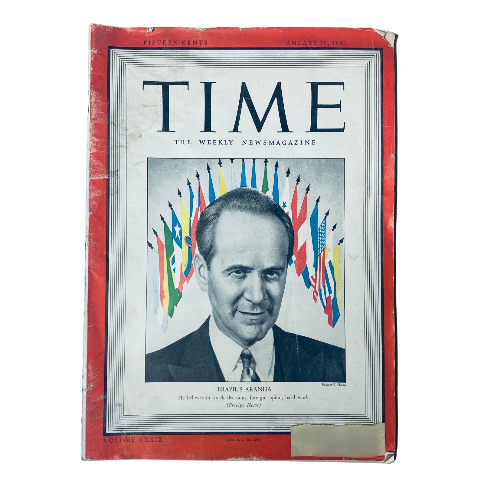 Cover of Time Magazine, January 19, 1942, Vol. 39 No. 3 featuring Brazil's Oswaldo Aranha, the Foreign Minister, depicted with colorful flags representing multiple nations, illustrating his role in World War II diplomacy.