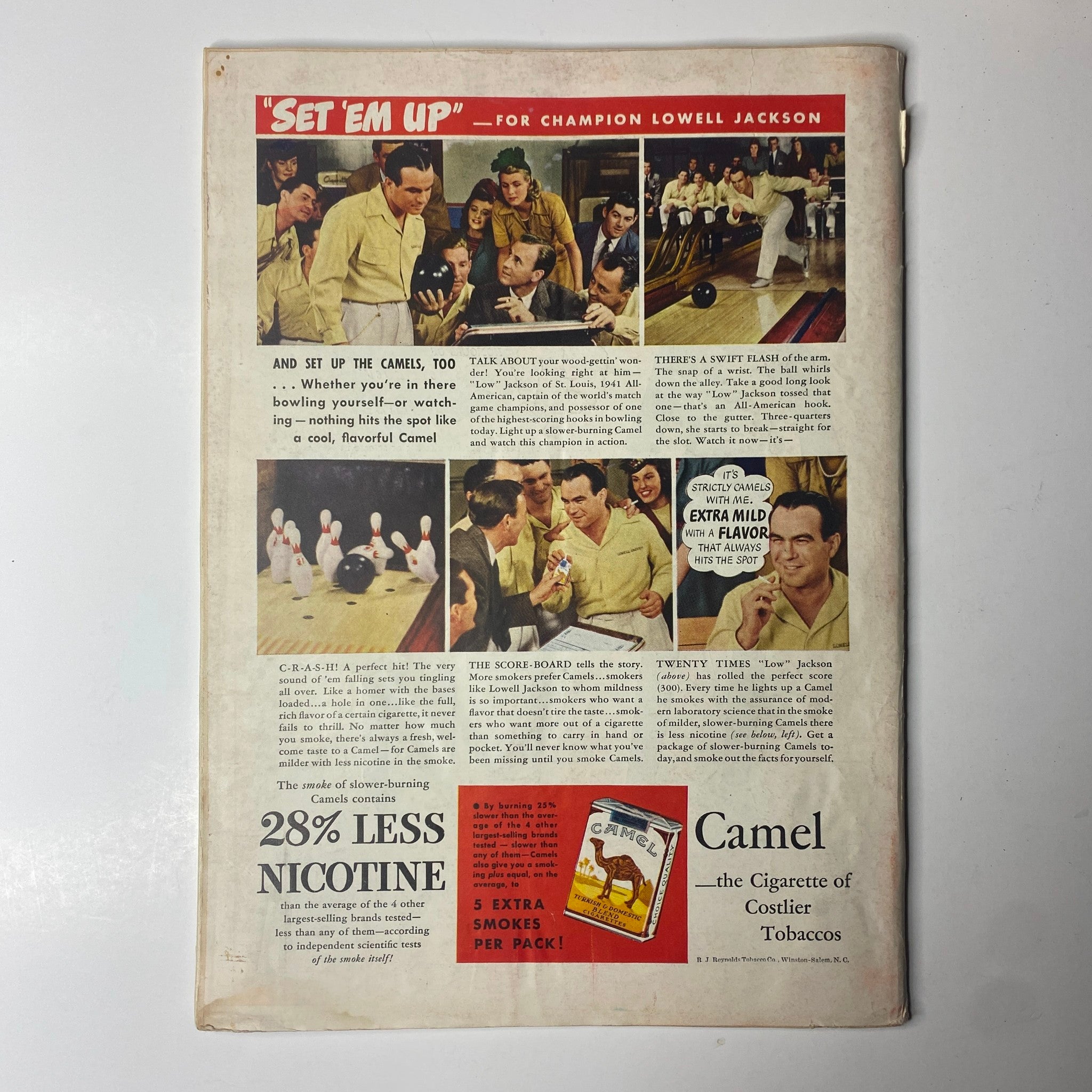 Back cover of Time Magazine February 9, 1942 Vol 39 No. 6 featuring an advertisement for Camel cigarettes, showcasing bowling scenes and promoting 'Set 'Em Up' for champion Lowell Jackson, highlighting the brand's appeal and features such as 28% less nicotine.