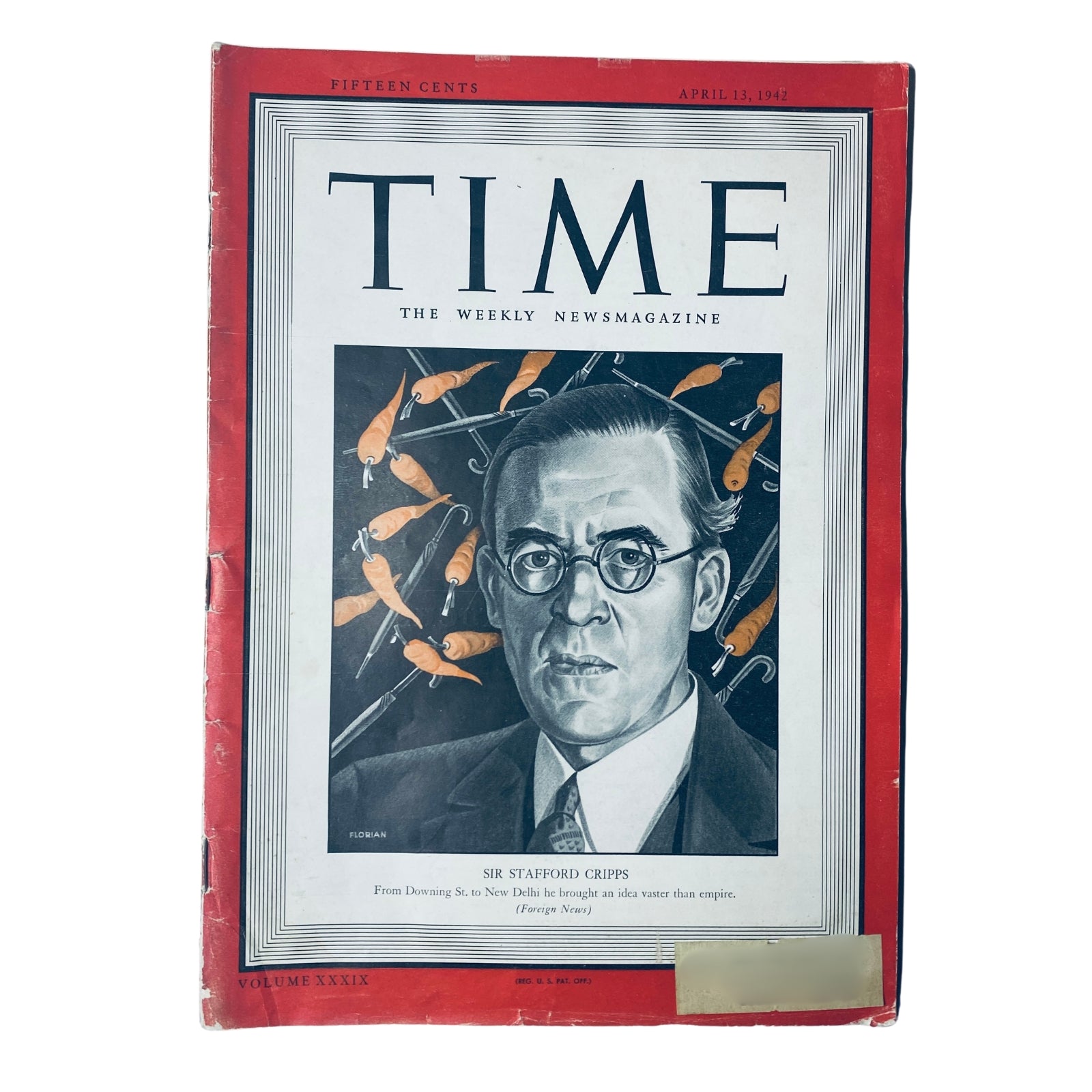 Cover of Time Magazine dated April 13, 1942, featuring Sir Stafford Cripps, British statesman, with a background of symbolic elements reflecting wartime diplomacy.