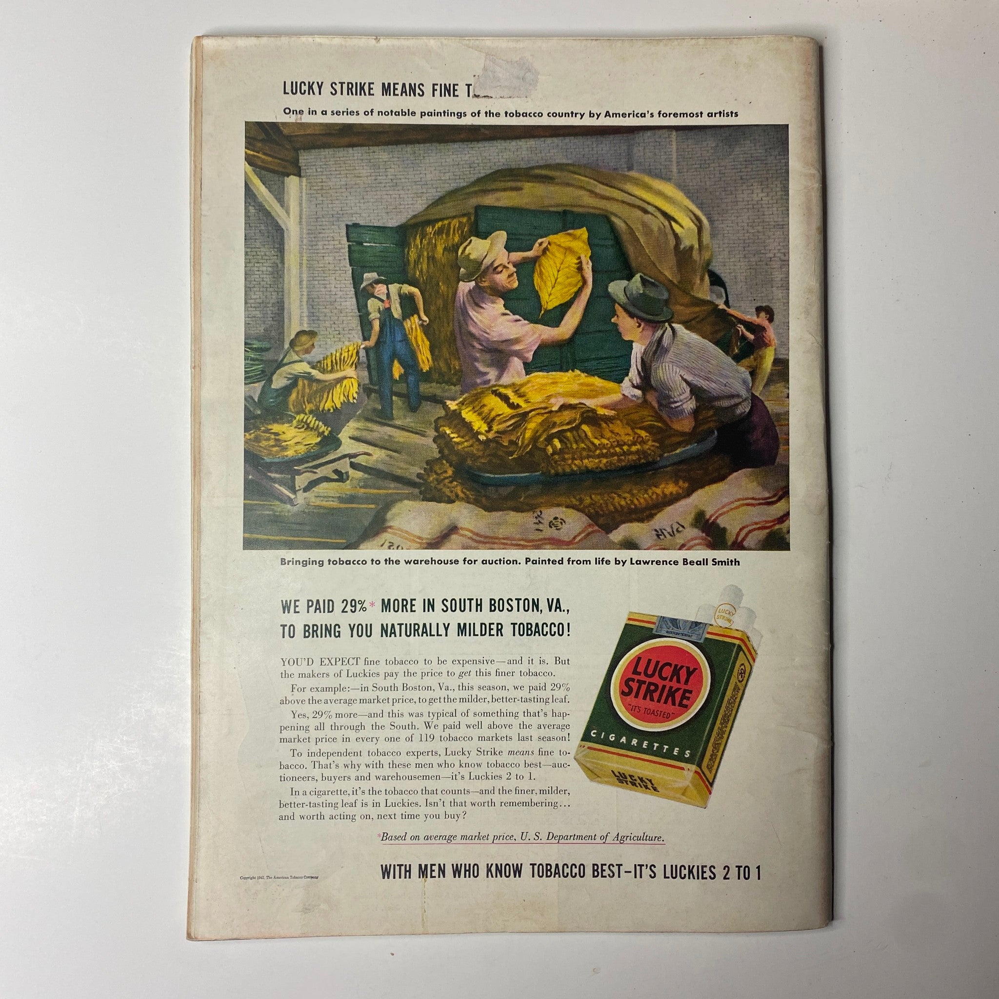 Back cover of Time Magazine from April 13, 1942, featuring a vintage advertisement for Lucky Strike cigarettes with an illustration of tobacco harvesting.