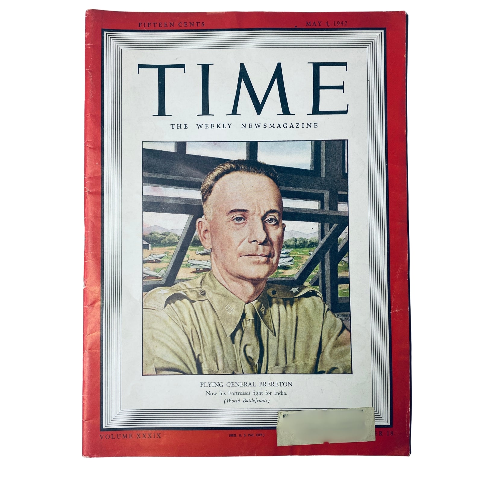 Time Magazine cover dated May 4, 1942, featuring Flying General Lewis H. Brereton, Volume 39, Number 18, highlighting wartime air campaigns.