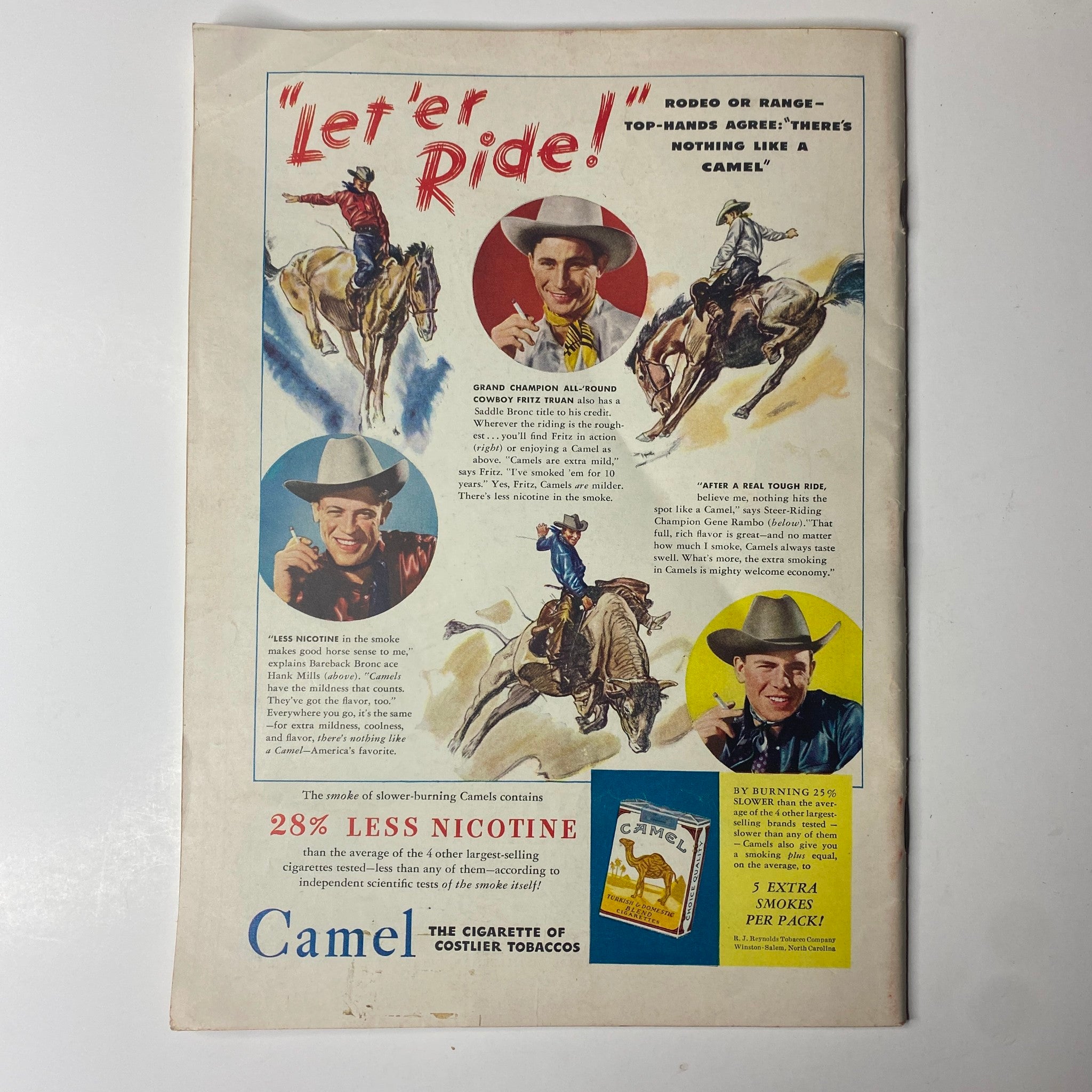 Vintage advertisement from the back cover of Time Magazine, promoting Camel cigarettes with the slogan 'Let 'er Ride!', featuring cowboys and rodeo themes.
