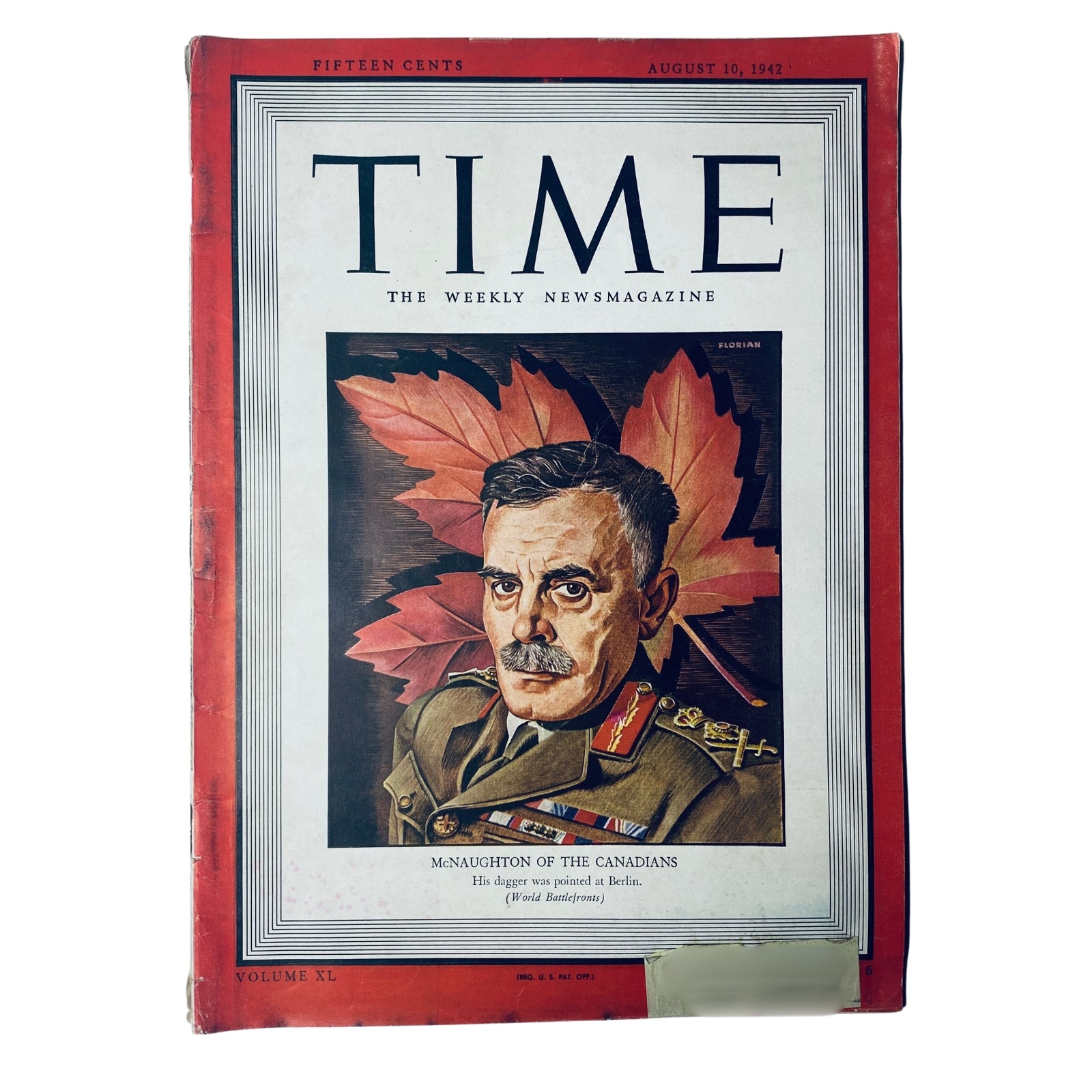 Cover of Time Magazine dated August 10, 1942, featuring General Andrew McNaughton, commander of Canada's overseas forces, surrounded by maple leaves, showcasing his significance in World War II.