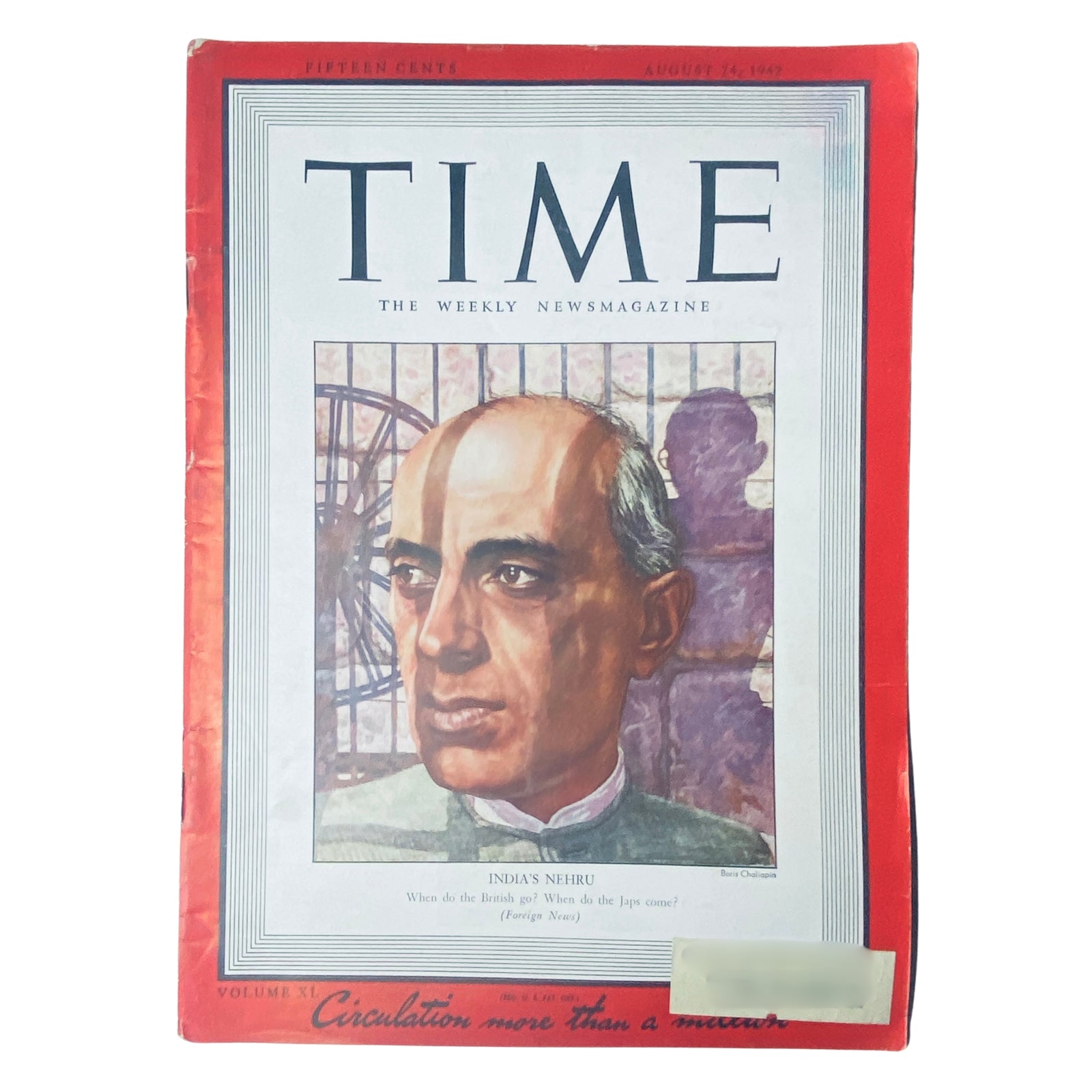 Cover of Time Magazine dated August 24, 1942, featuring Jawaharlal Nehru, a significant figure in India's independence movement, with the title 'Time The Weekly Newsmagazine' and highlighting his prominent role against British colonial rule.