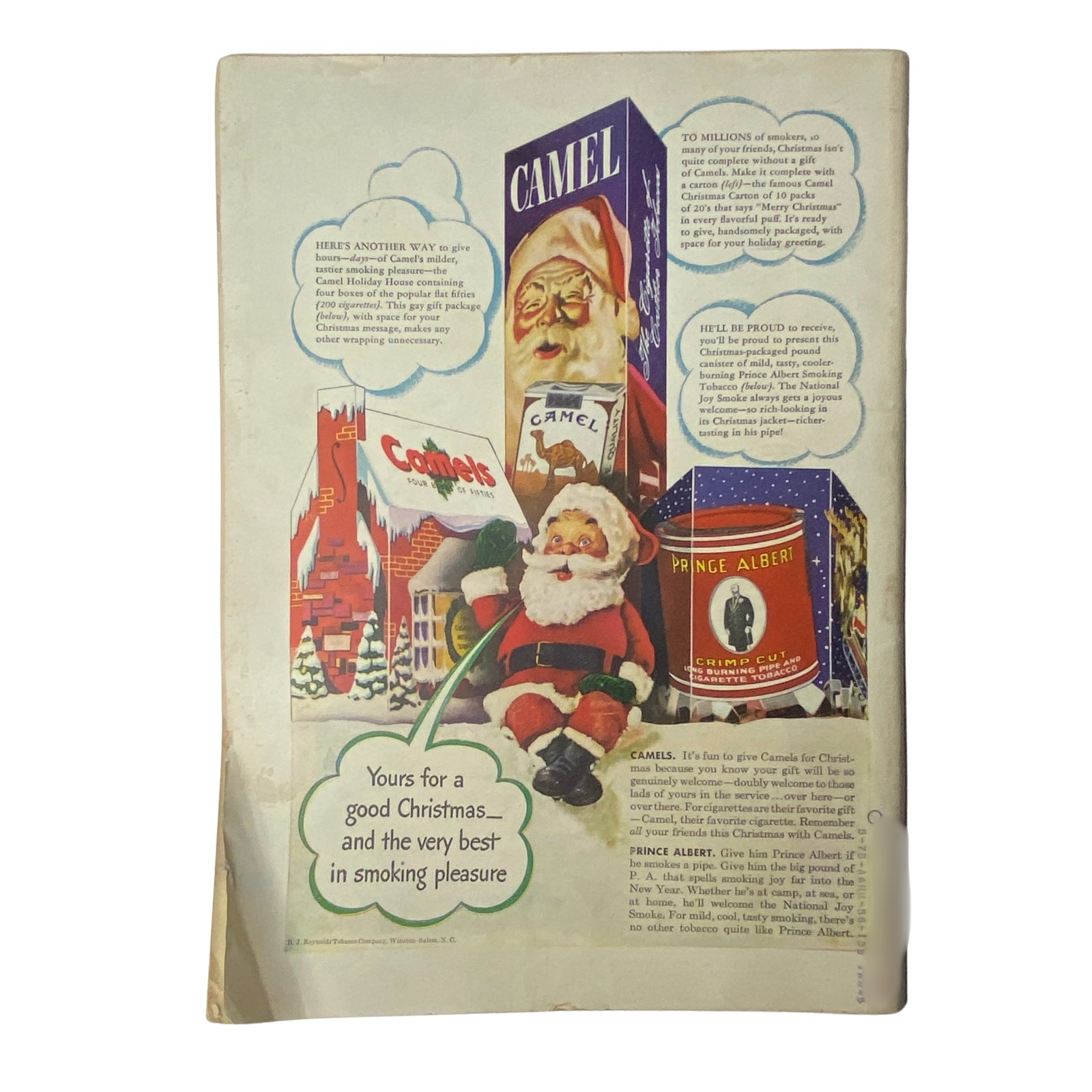 Back cover advertisement of Time Magazine December 21, 1942, showcasing a festive promotion for Camel cigarettes featuring Santa Claus and holiday-themed packaging, highlighting vintage marketing from WWII era.