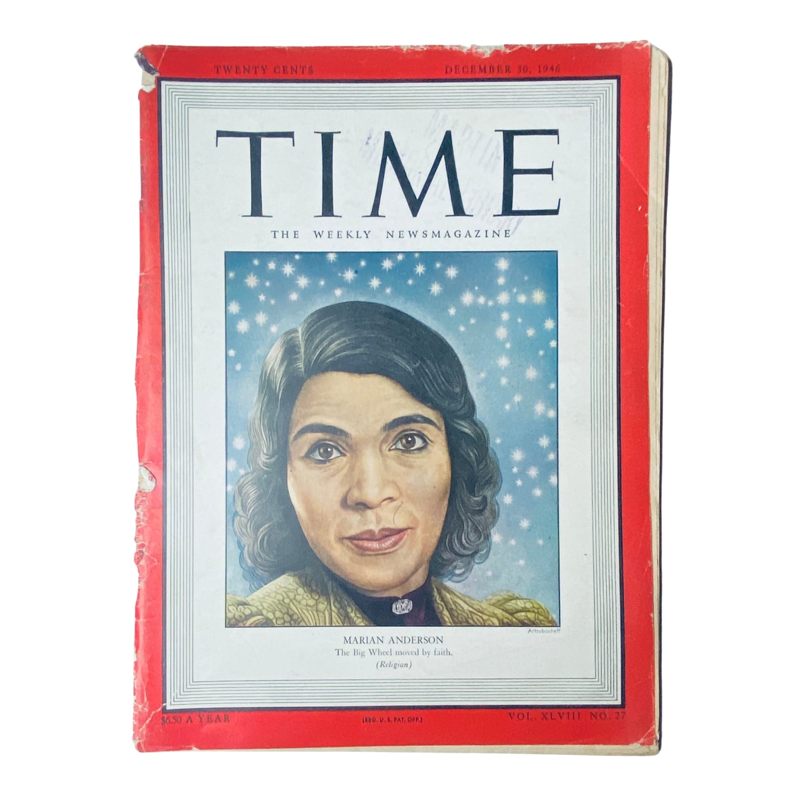 Cover of Time Magazine dated December 30, 1946, Vol 48 No. 27 featuring Marian Anderson, the accomplished African American contralto known for breaking racial barriers in classical music.