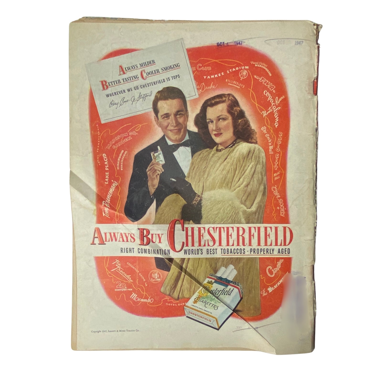 Back cover of Time Magazine dated December 30, 1946, featuring an advertisement for Chesterfield cigarettes with a fashionable couple, reflecting mid-20th century advertising aesthetics.