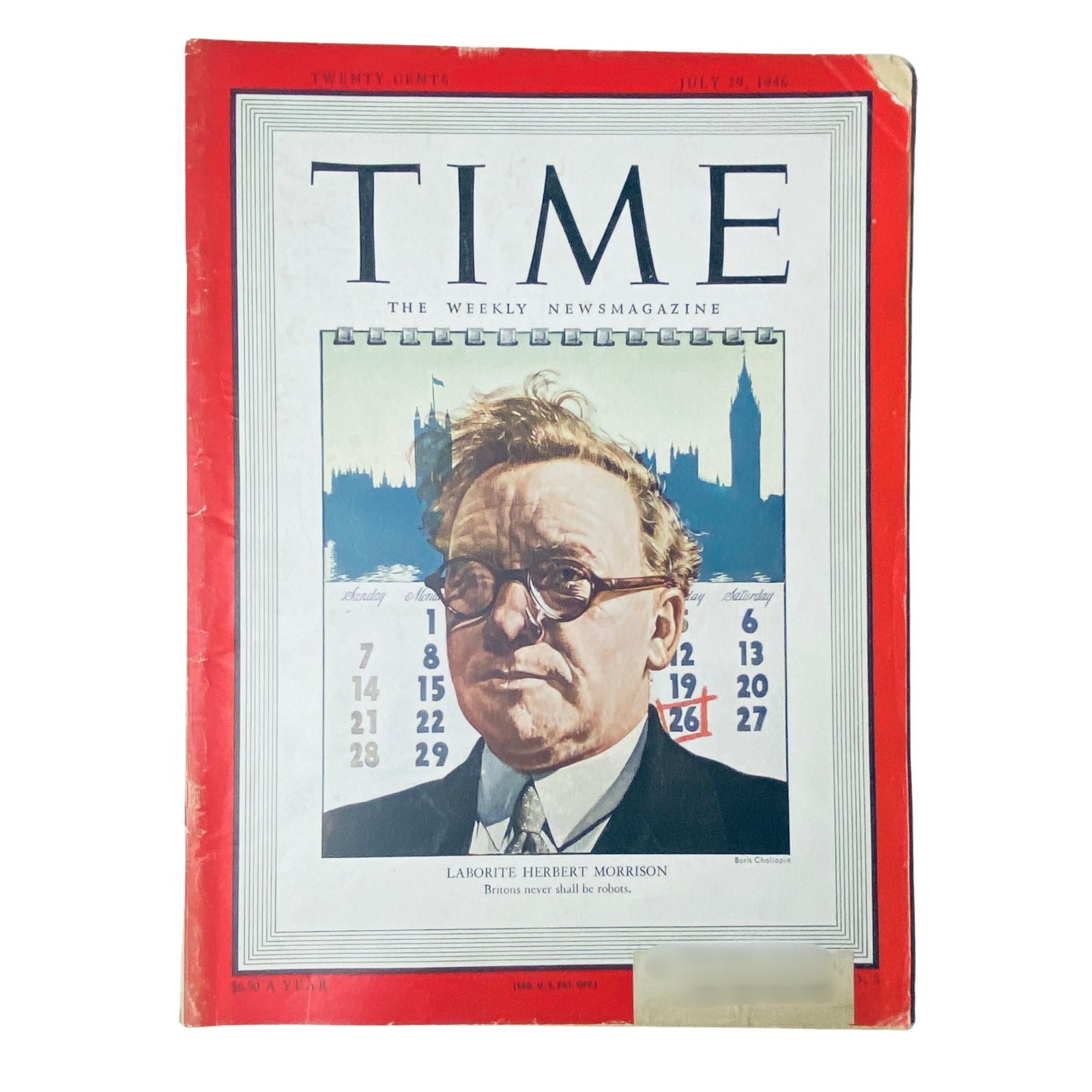 Time Magazine July 29, 1946, featuring a cover illustration of Herbert Morrison, British Labour Party leader and Home Secretary, with a backdrop of iconic London landmarks. The issue focuses on postwar British politics and societal reforms.