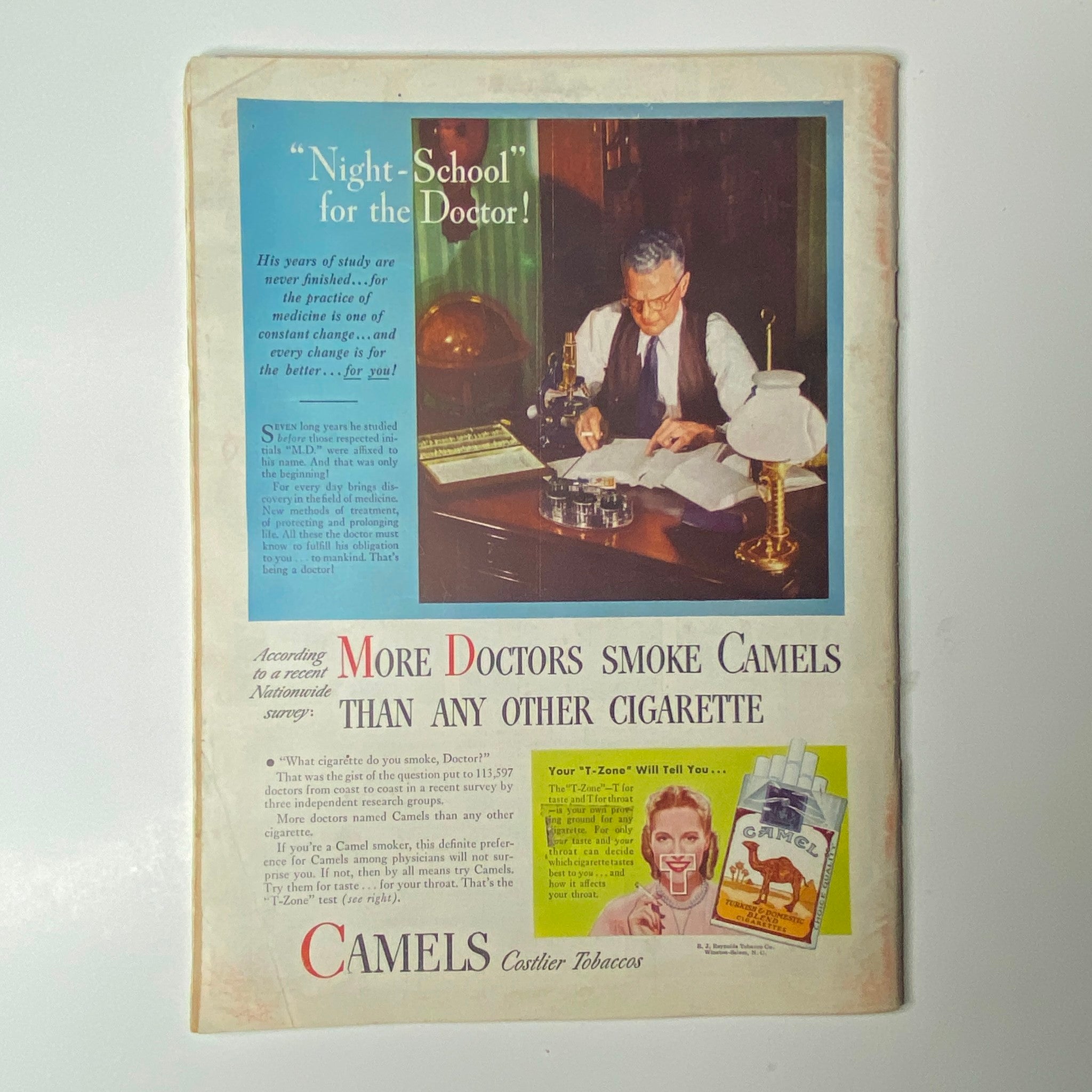 Vintage advertisement from Time Magazine dated July 29, 1946 featuring a doctor at a desk studying under a lamp. The ad promotes Camel cigarettes, claiming 'More Doctors smoke Camels than any other cigarette.' This illustration is from the issue with Herbert Morrison on the cover.