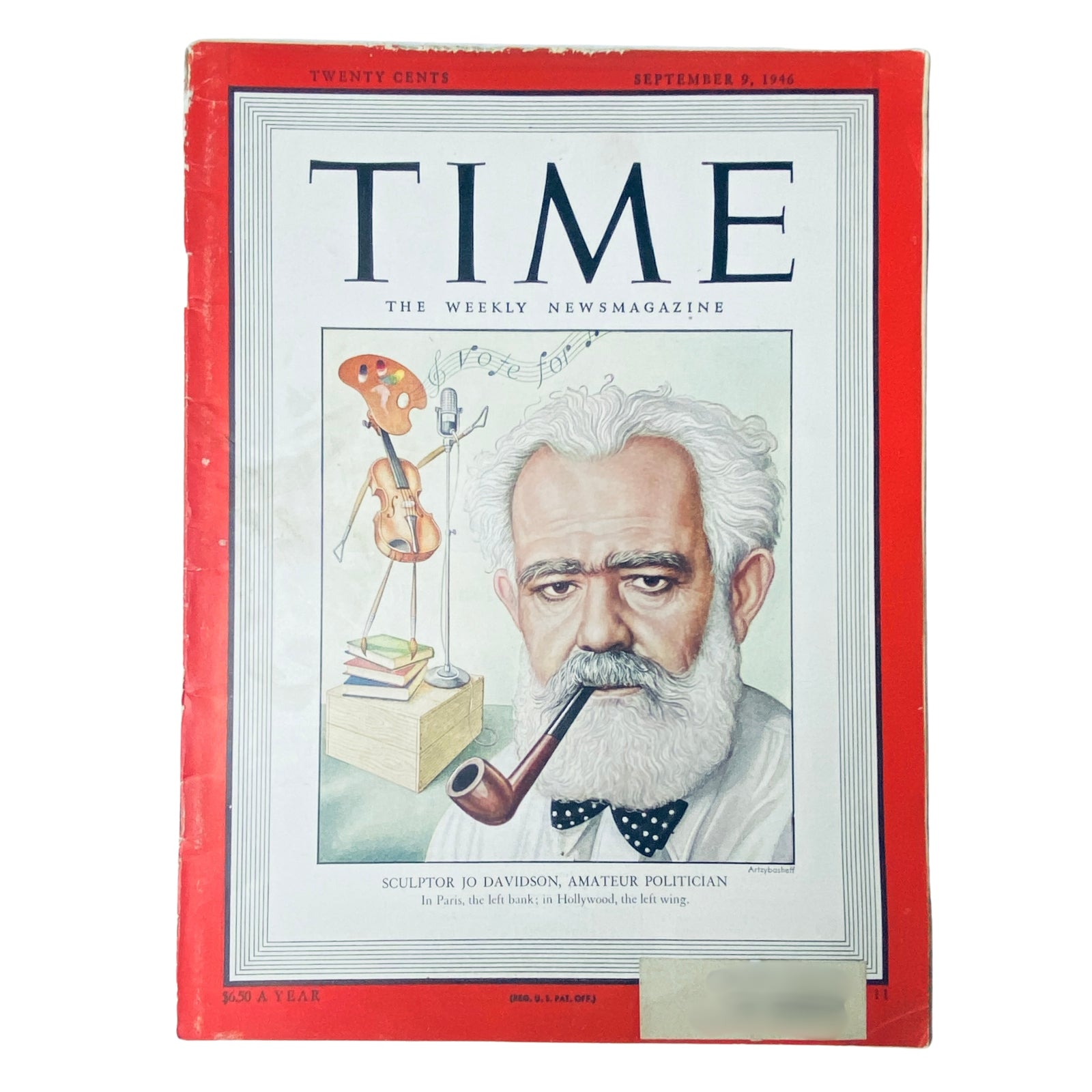 Time Magazine September 9, 1946 Vol 48 No. 11 featuring sculptor Jo Davidson on the cover with a pipe and artistic elements.
