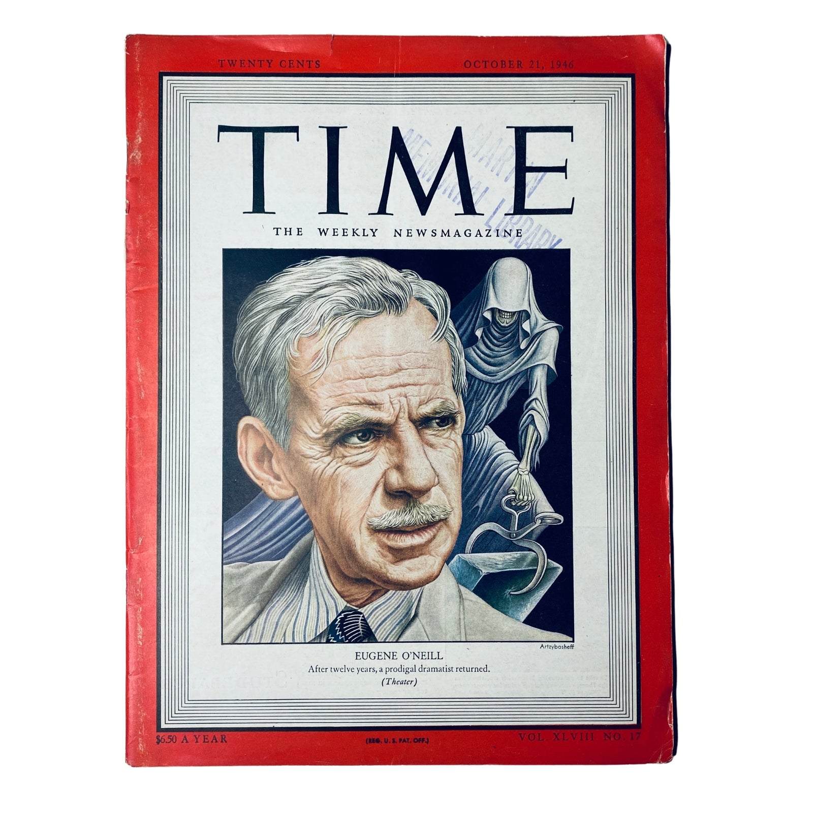 Cover of Time Magazine dated October 21, 1946, Volume 48, Number 17, featuring playwright Eugene O'Neill with an artistic illustration.