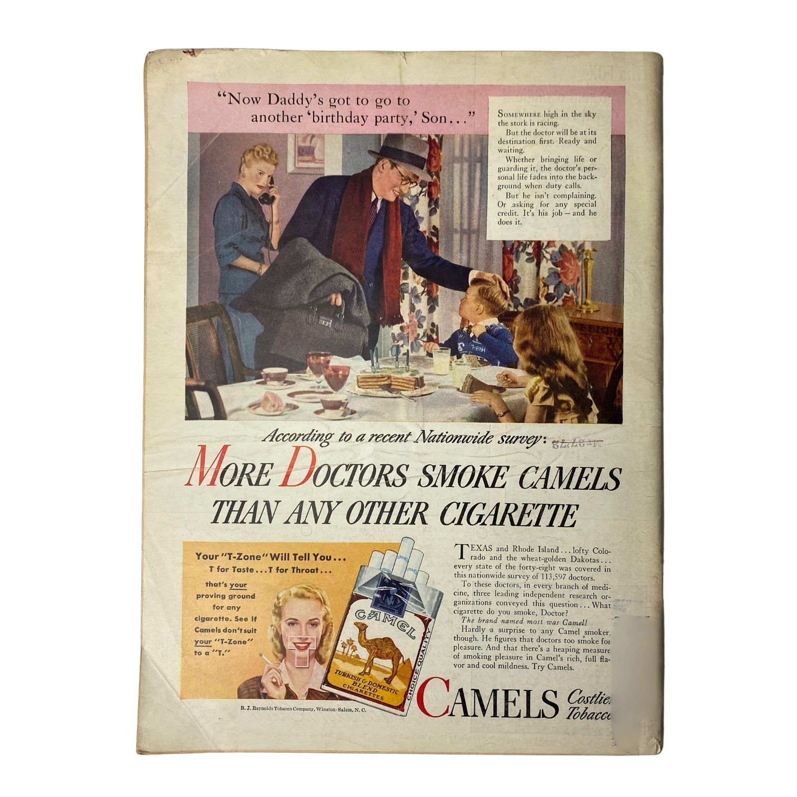Back cover of Time Magazine, October 21, 1946, showcasing a vintage advertisement for Camel cigarettes with a scene of a family at a birthday party.