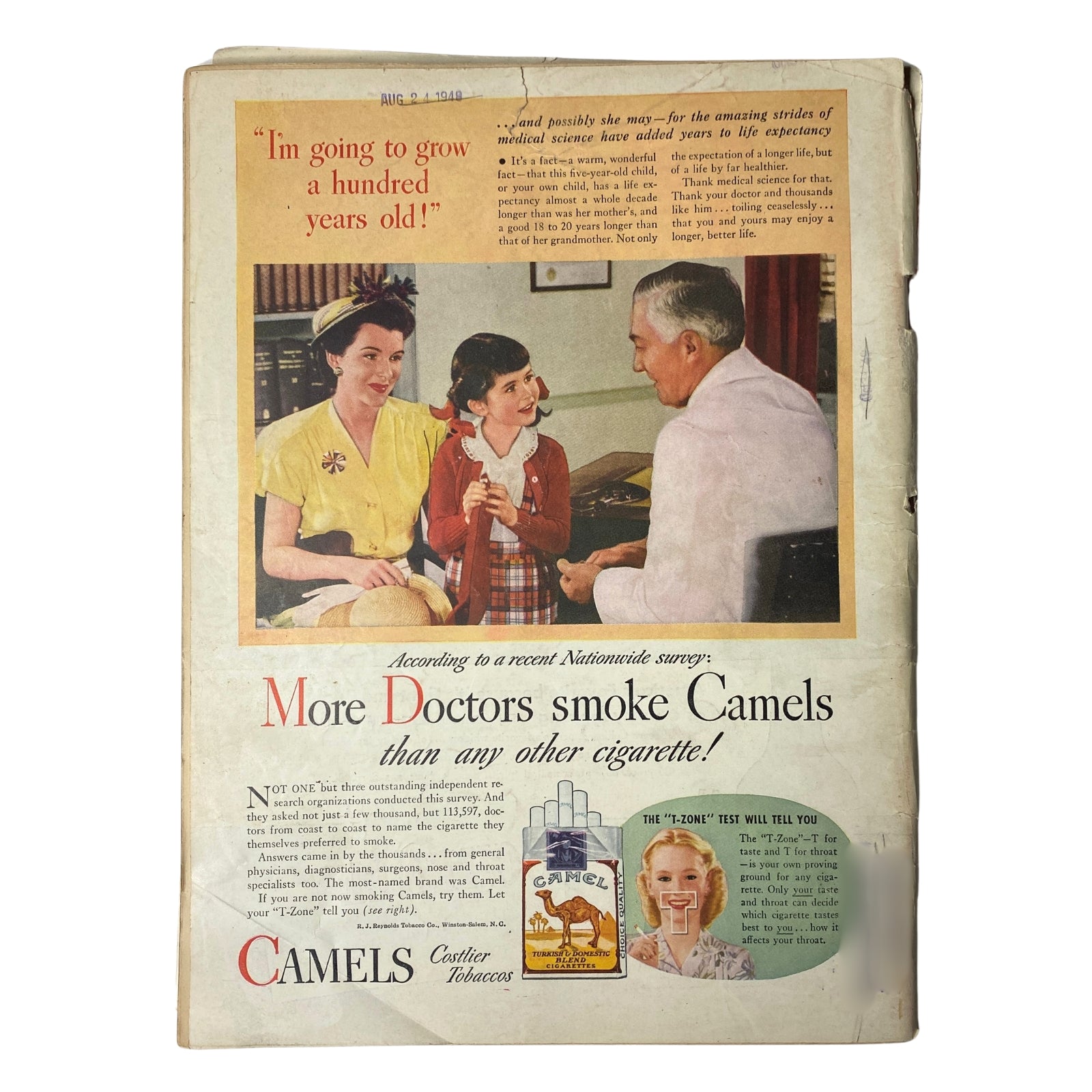 Back cover of a vintage advertisement from August 1949 featuring a woman, girl, and doctor promoting Camel cigarettes, claiming more doctors smoke Camels than any other cigarette.