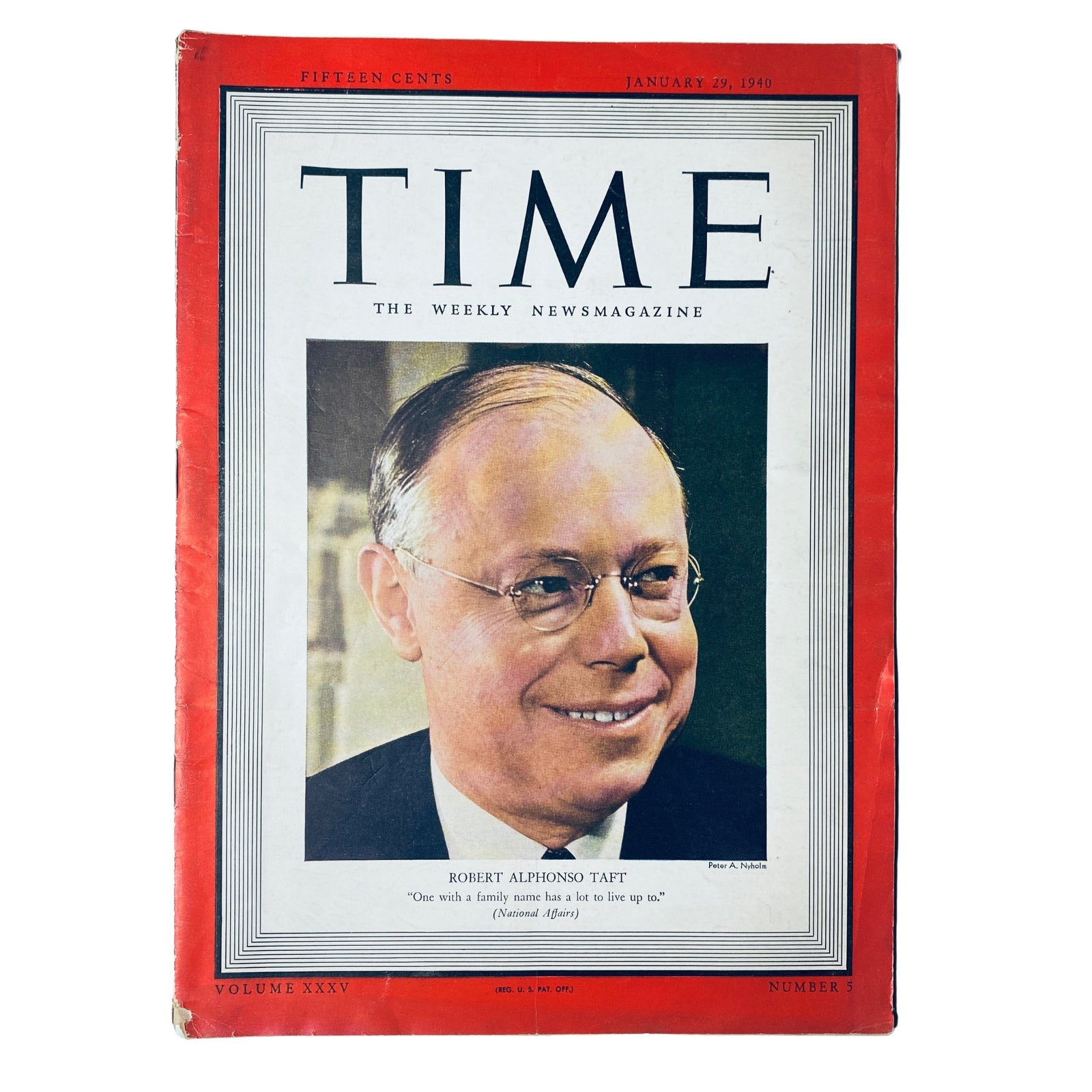 Time Magazine January 29, 1940 Vol 35 No. 5 featuring Robert Alphonso Taft on the cover, showcasing a portrait of the senator with a smiling expression, set against a colorful background.