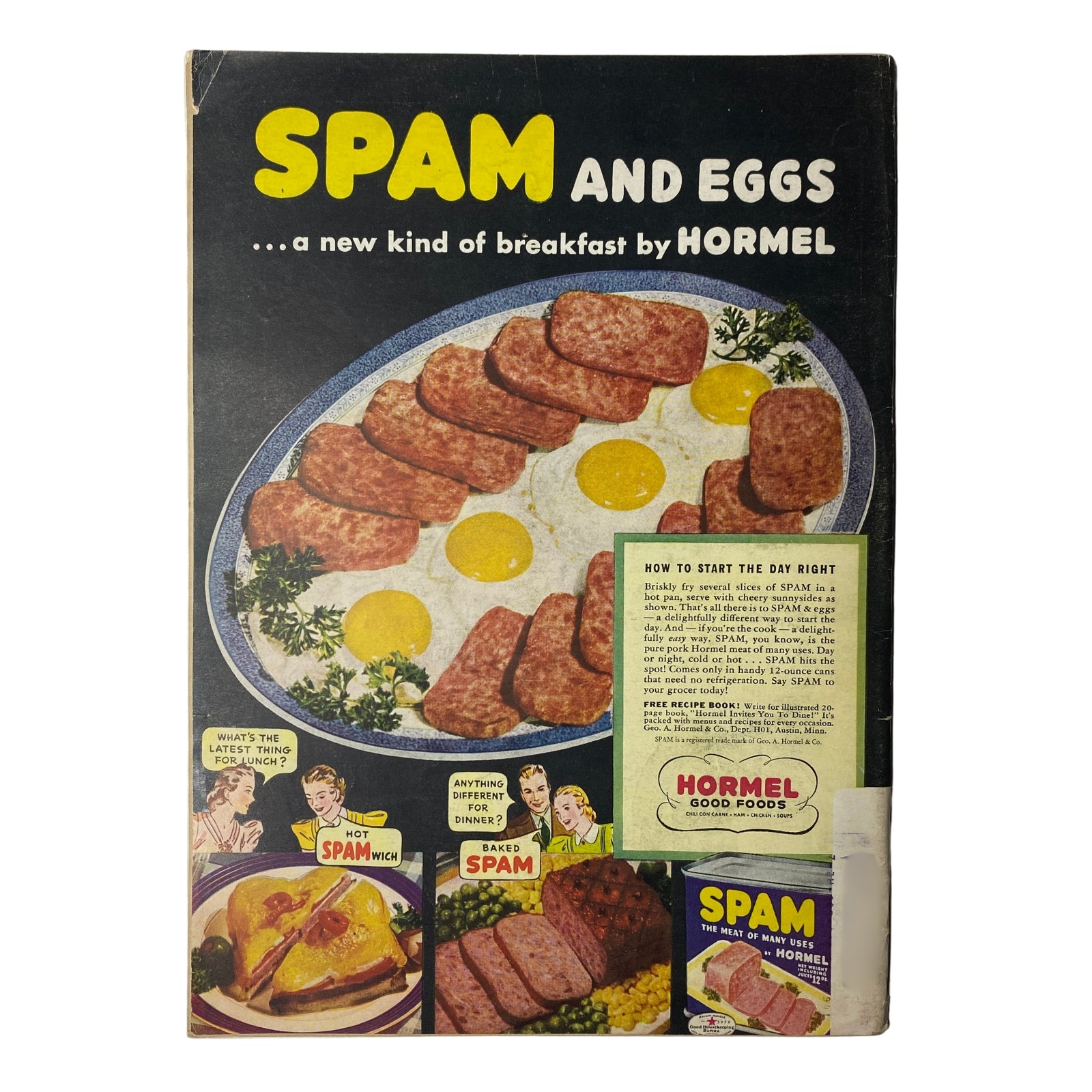 Vintage advertisement for SPAM and eggs by Hormel on the back cover of a magazine, illustrating a breakfast dish with fried SPAM and eggs, promoting a new kind of breakfast.