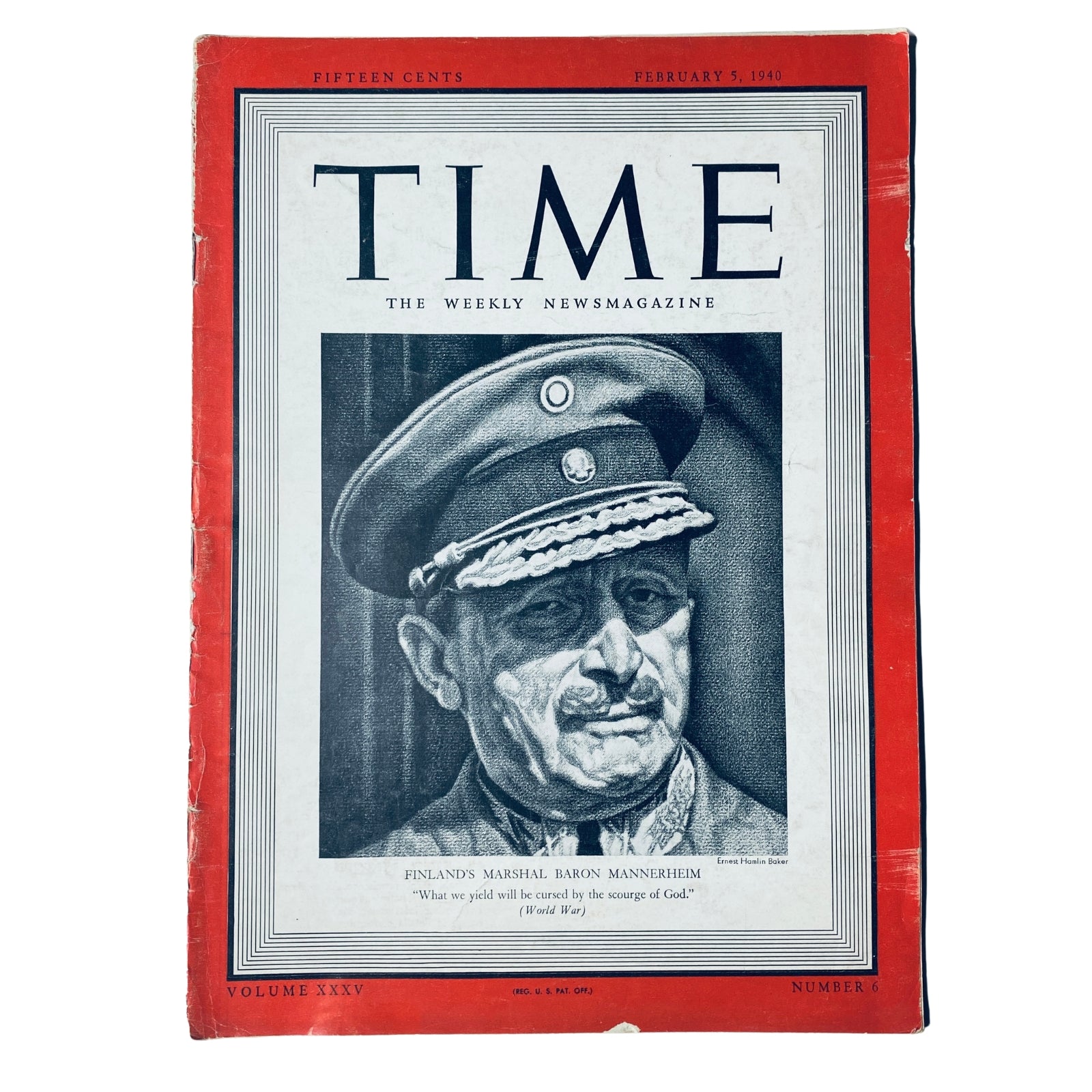 Cover of Time Magazine dated February 5, 1940, Volume 35, Number 6, featuring Finland's Marshal Baron Carl Mannerheim with a quote about World War.