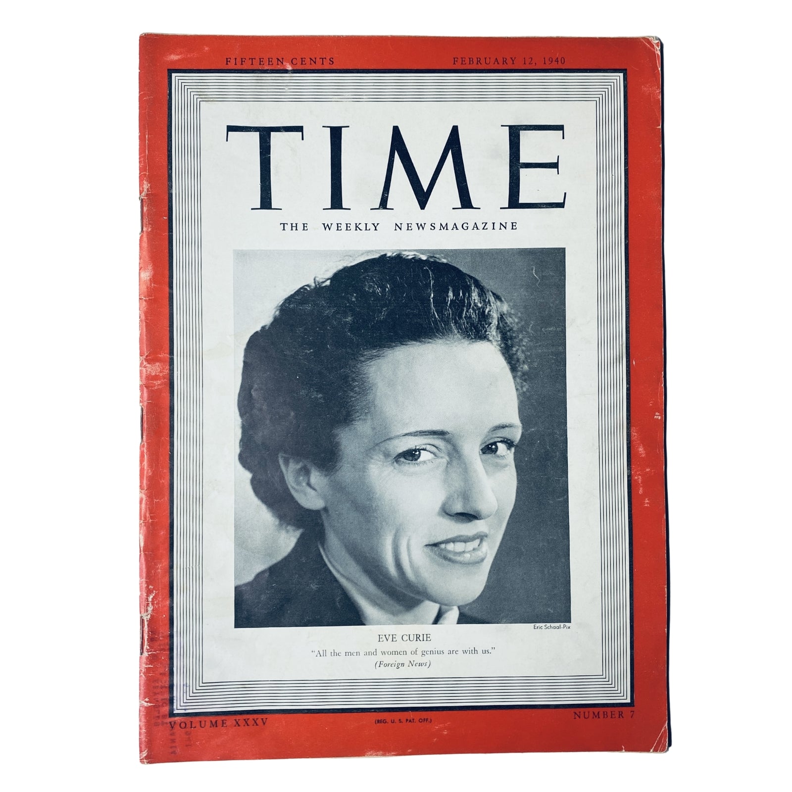 Cover of Time Magazine, February 12, 1940, Vol 35 No. 7 featuring Eve Curie, with a quote about genius.
