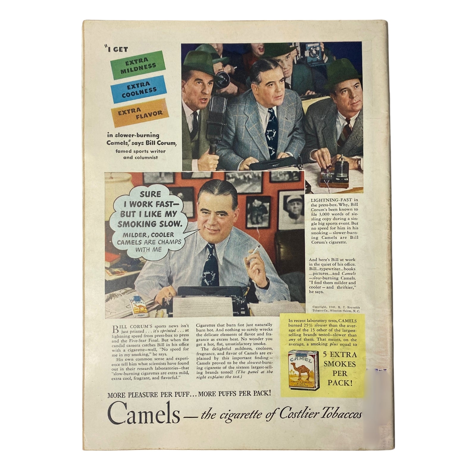 Advertisement for Camels cigarettes featuring sports writer Bill Corum, discussing the benefits of smoking Camel brand cigarettes.