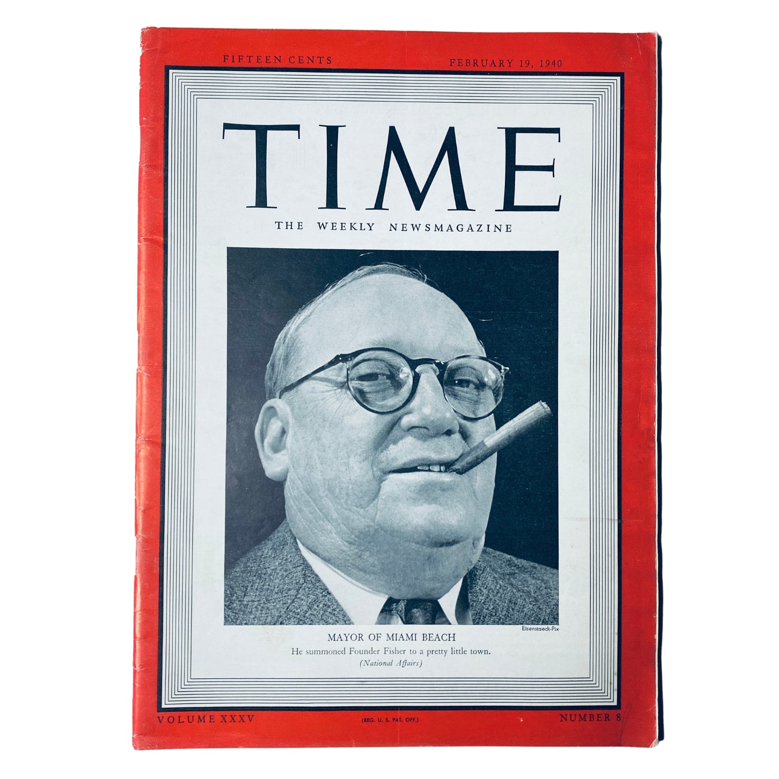 Time Magazine February 19, 1940, Volume 35, Number 8 featuring Mayor of Miami Beach John H. Levi on the cover, showcasing his portrait with a cigar in his mouth.