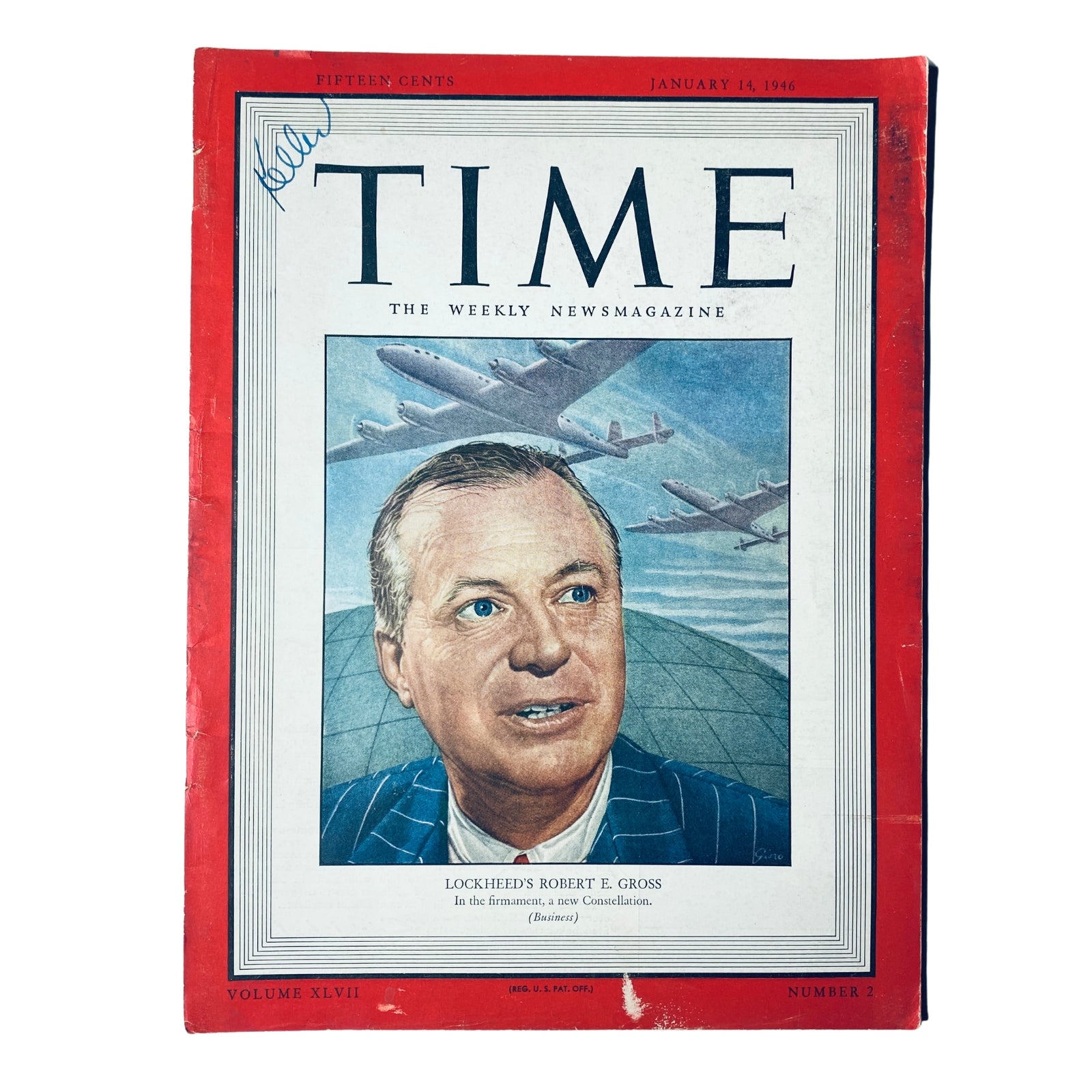 Cover of Time Magazine from January 14, 1946, Volume 47, Number 2 featuring Lockheed's Robert E. Gross, showcasing the aviation theme with aircraft illustrations.