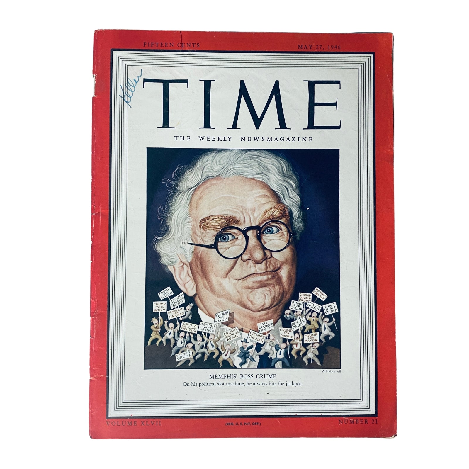 Time Magazine cover from May 27, 1946, Vol 47 No. 21 featuring Edward H. Crump, depicting a caricature of the political figure surrounded by miniature figures holding protest signs.