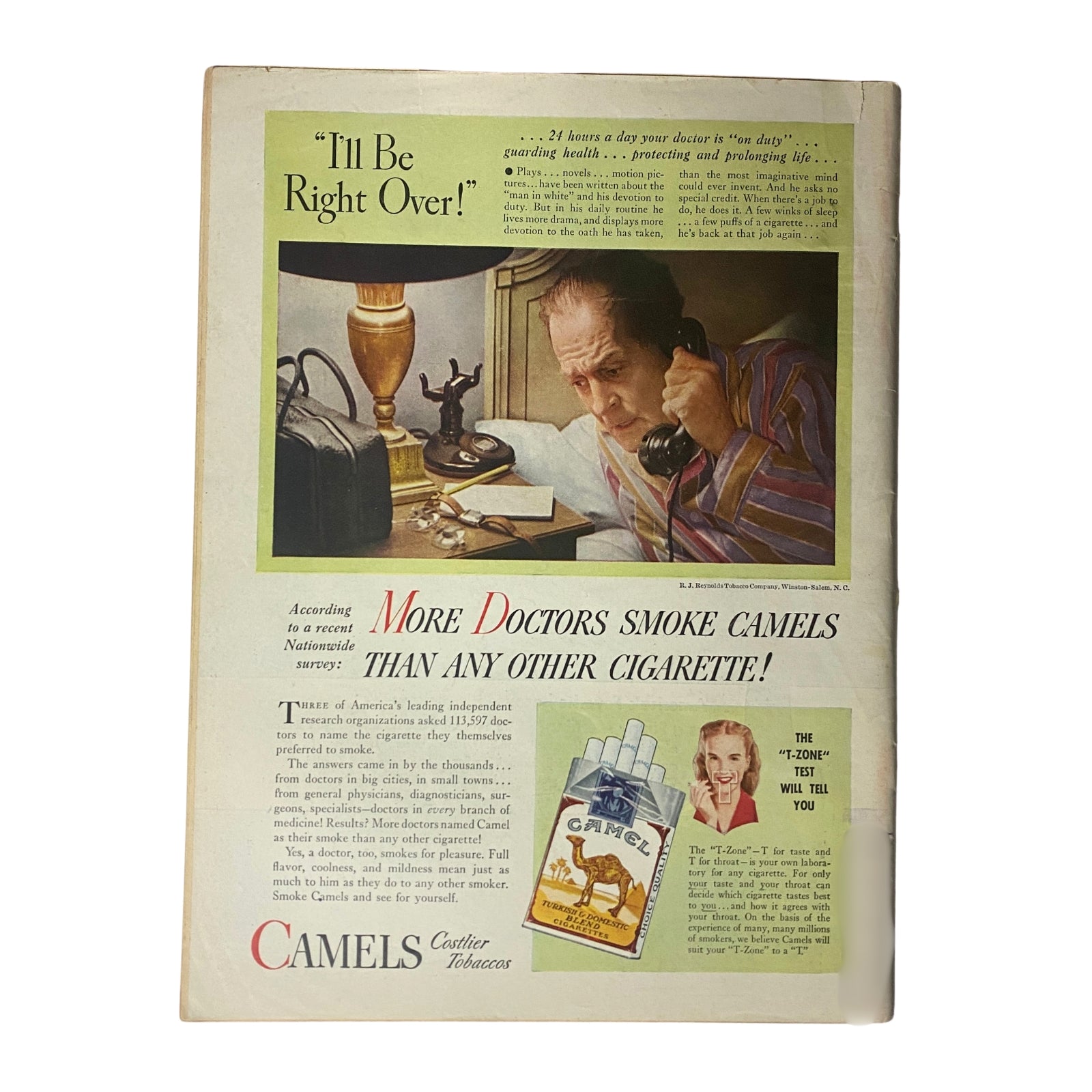 Vintage advertisement page from Time Magazine May 27, 1946, showcasing a doctor on the phone and promoting Camel cigarettes, claiming that more doctors smoke Camels than any other cigarette.