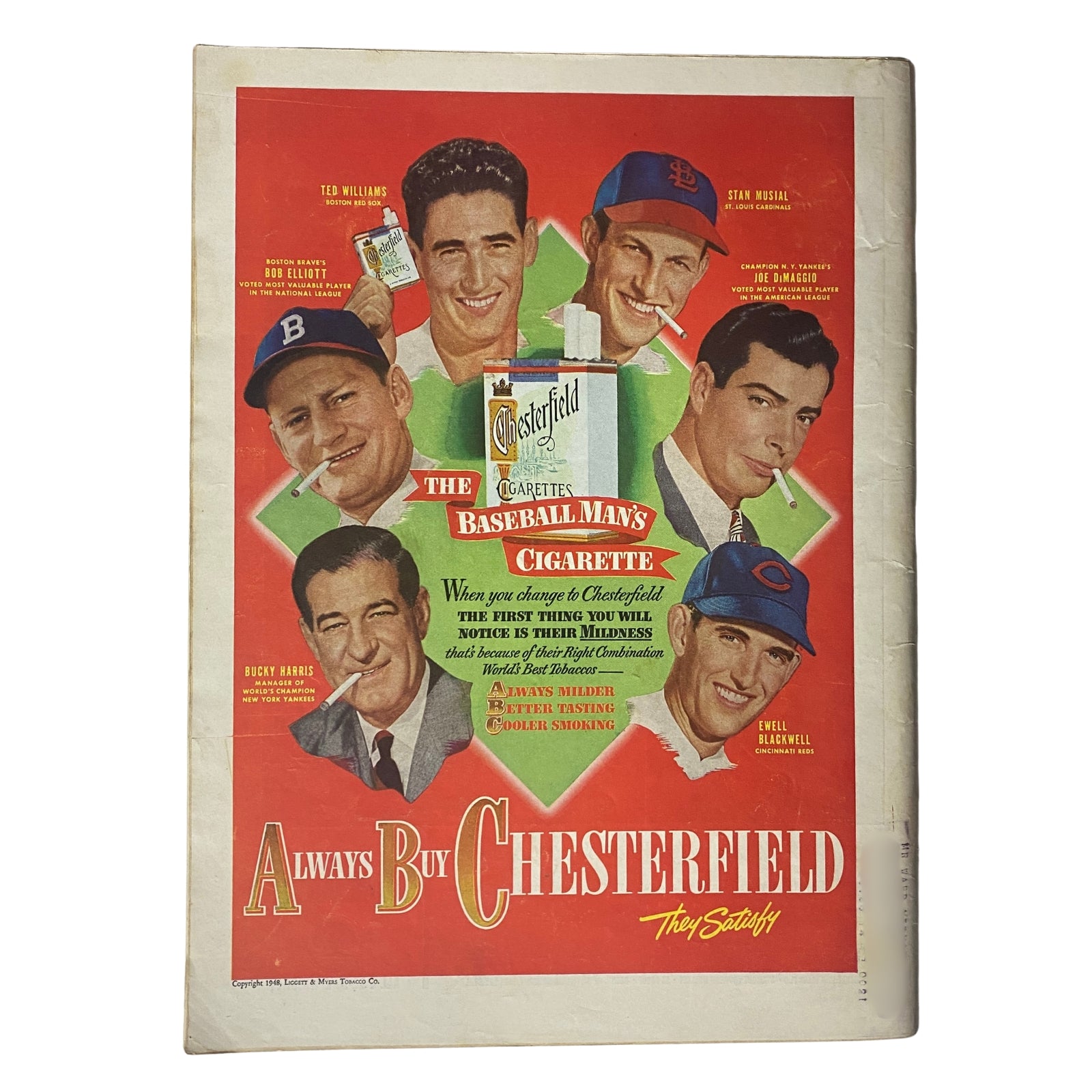 Time Magazine May 17, 1948 Vol 51 No. 20 cover featuring iconic advertisement for Chesterfield cigarettes, showcasing baseball players Ted Williams, Bob Elliott, Stan Musial, Joe DiMaggio, Bucky Harris, and Ewell Blackwell.