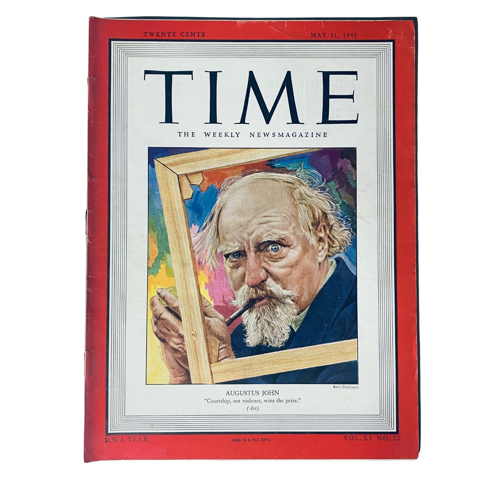 Time Magazine cover from May 31, 1948, featuring Augustus E. John, a renowned British painter, with a quote on the cover about artistic expression.
