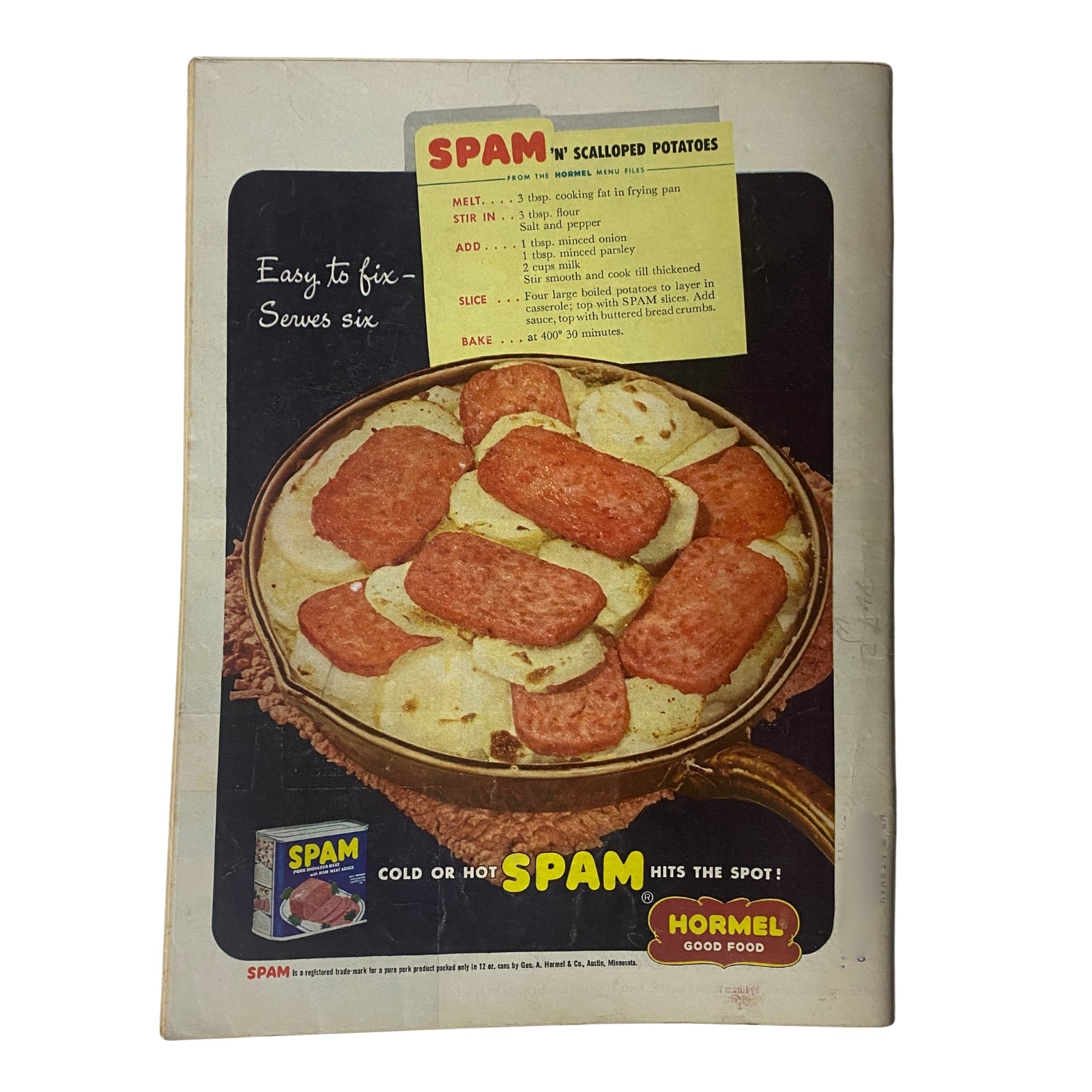 Vintage advertisement for Hormel SPAM with a recipe for scalloped potatoes, showcasing a dish made with sliced SPAM, indicating easy preparation for serving six.