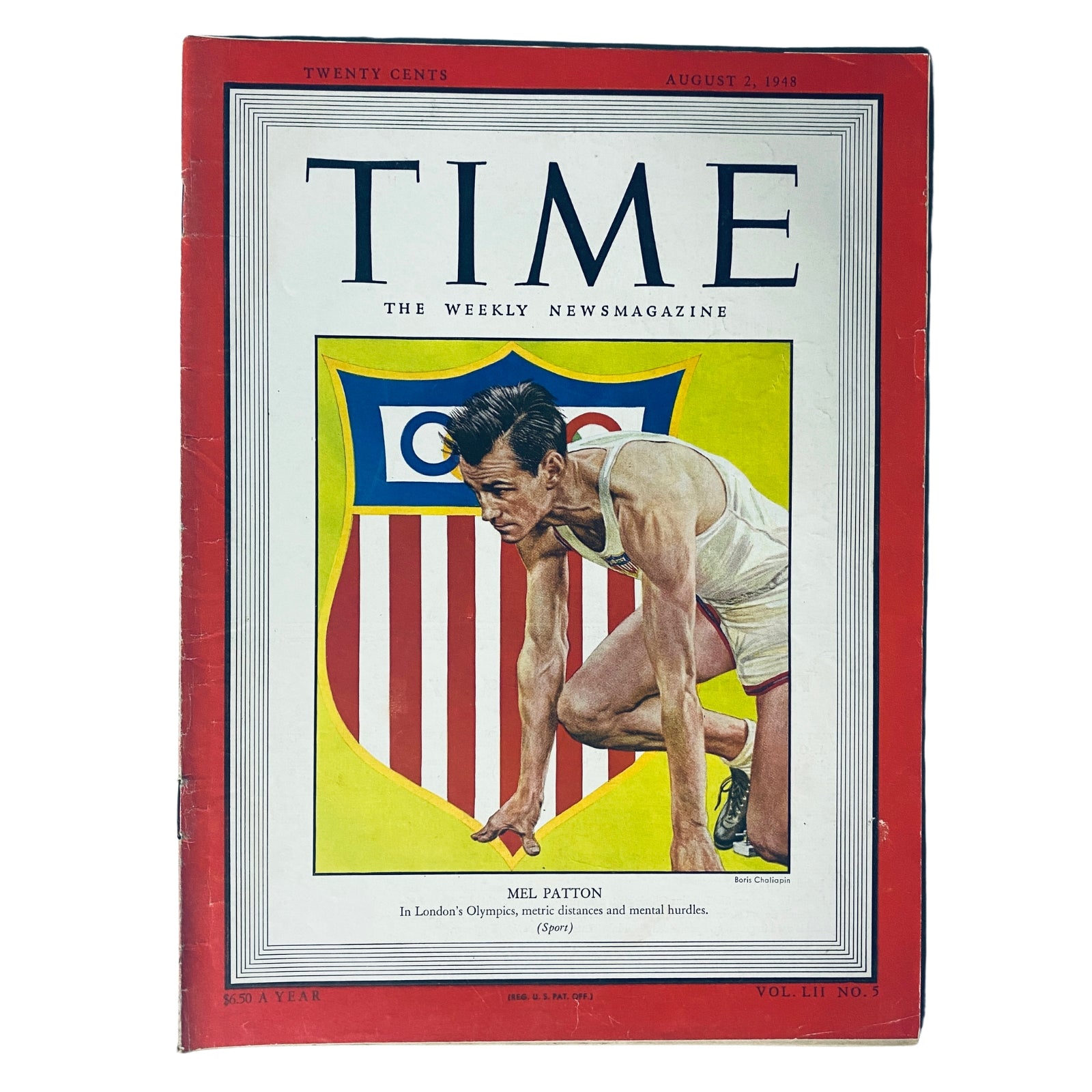 Time Magazine August 2, 1948 Vol 52 No. 5 featuring Mel Patton on the cover, showcasing the Olympic athlete in a dynamic pose against a background of Olympic rings and patriotic colors.