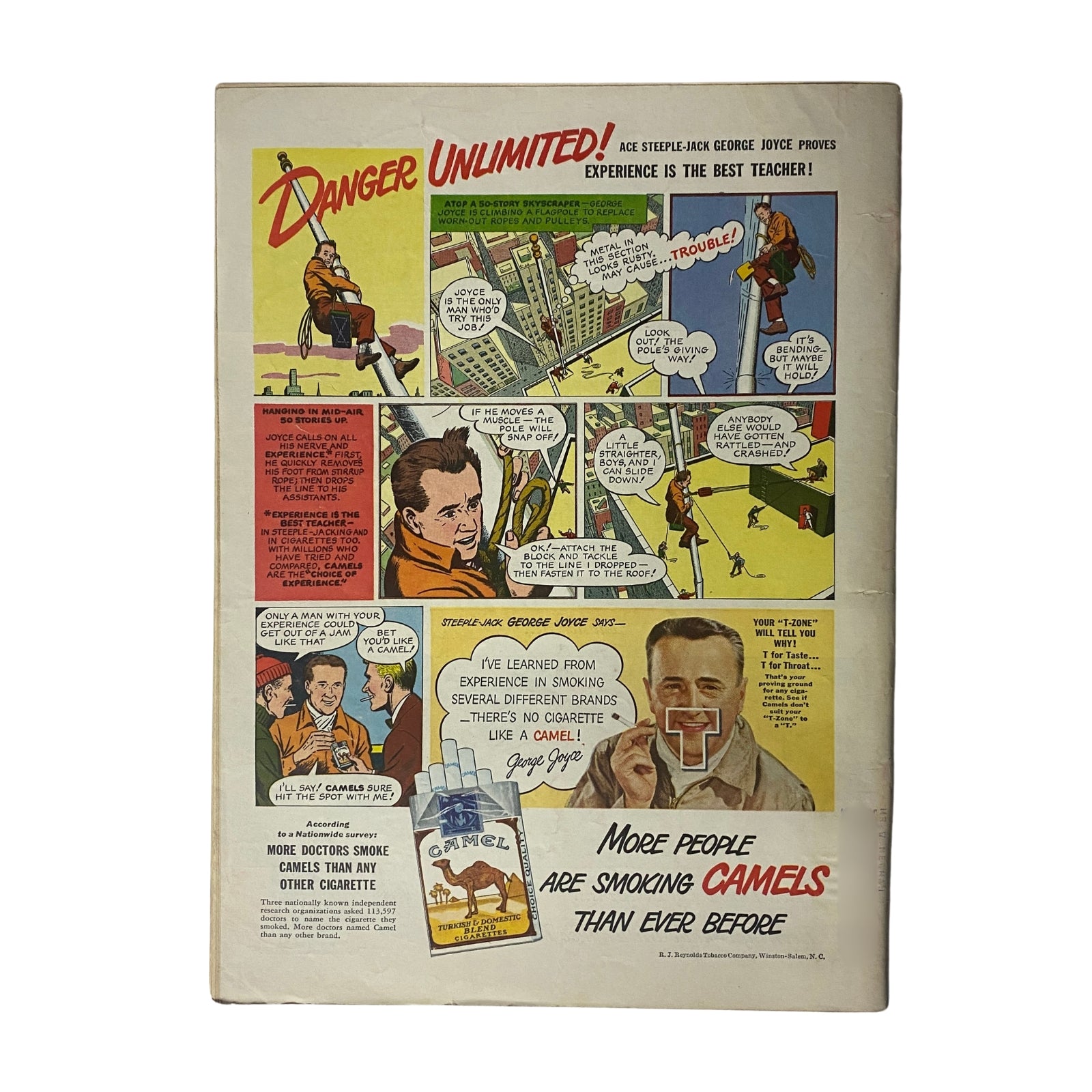 Back cover of Time Magazine August 2, 1948 Vol 52 No. 5 promoting Camel cigarettes with an illustrated comic strip featuring athlete George Joyce, emphasizing smoking experience and health claims.