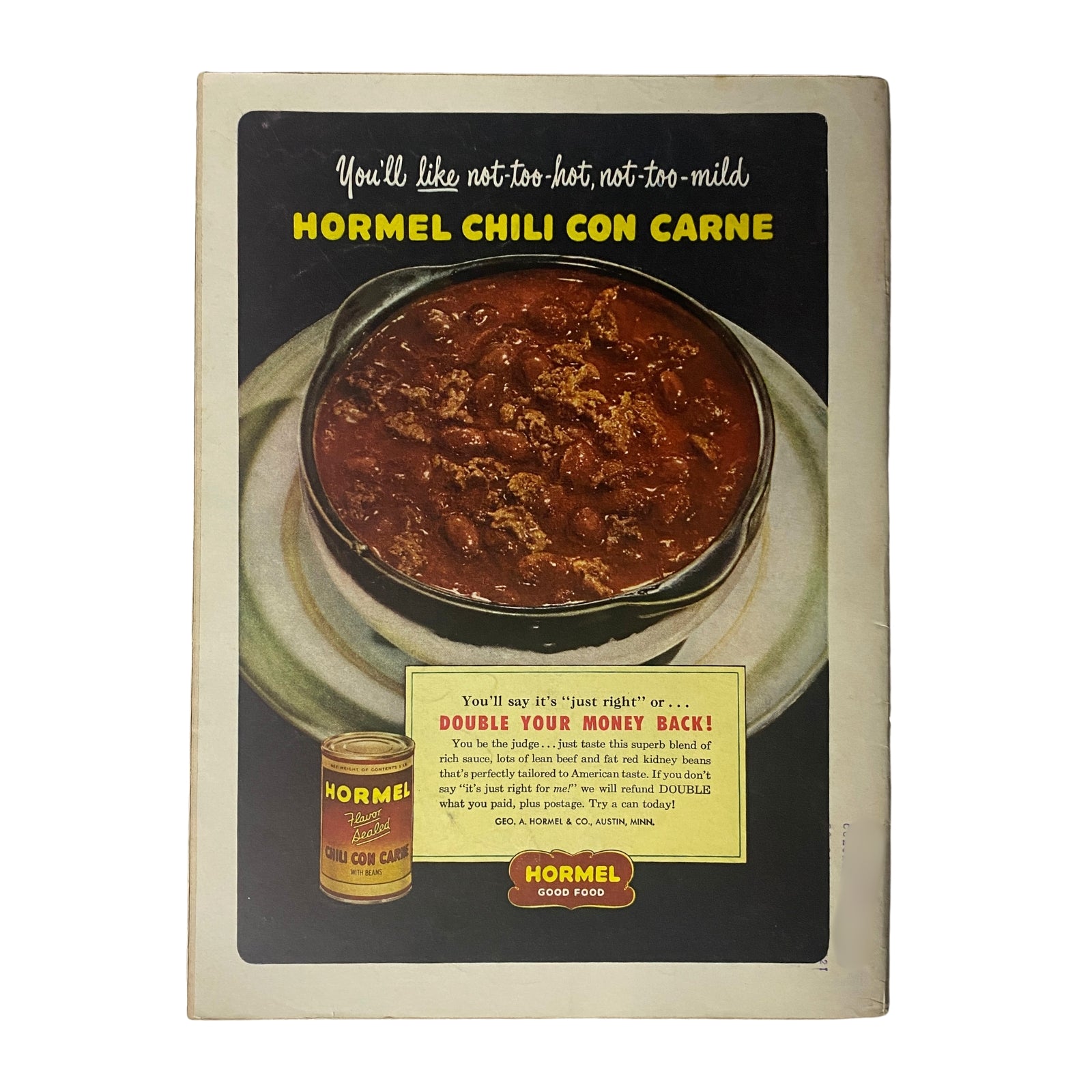 Back cover of Time Magazine December 13, 1948 Vol 52 No. 24, featuring an advertisement for Hormel Chili Con Carne with a tempting image of the dish and promotional text.