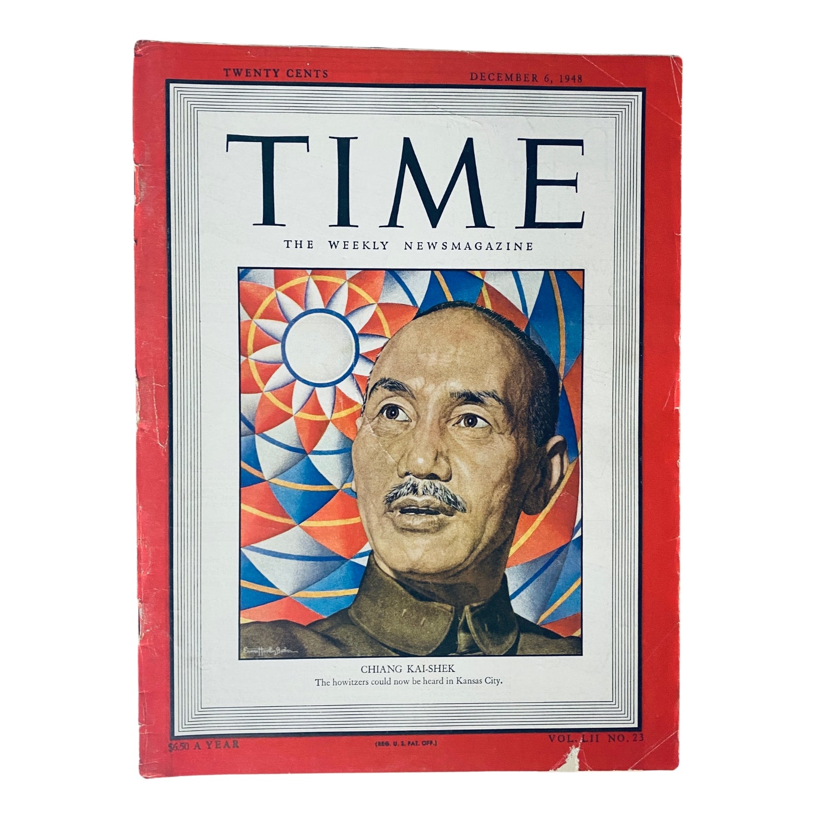 Cover of Time Magazine December 6, 1948 Vol 52 No. 23 featuring Chiang Kai-shek, showcasing a portrait with a colorful geometric background and the headline on the bottom.
