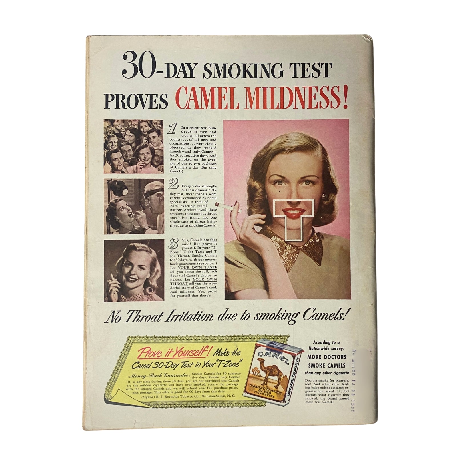 Back cover of a magazine promoting Camel cigarettes with a 30-day smoking test advertisement, featuring a woman with a smiling expression and emphasizing 'Camel Mildness'.