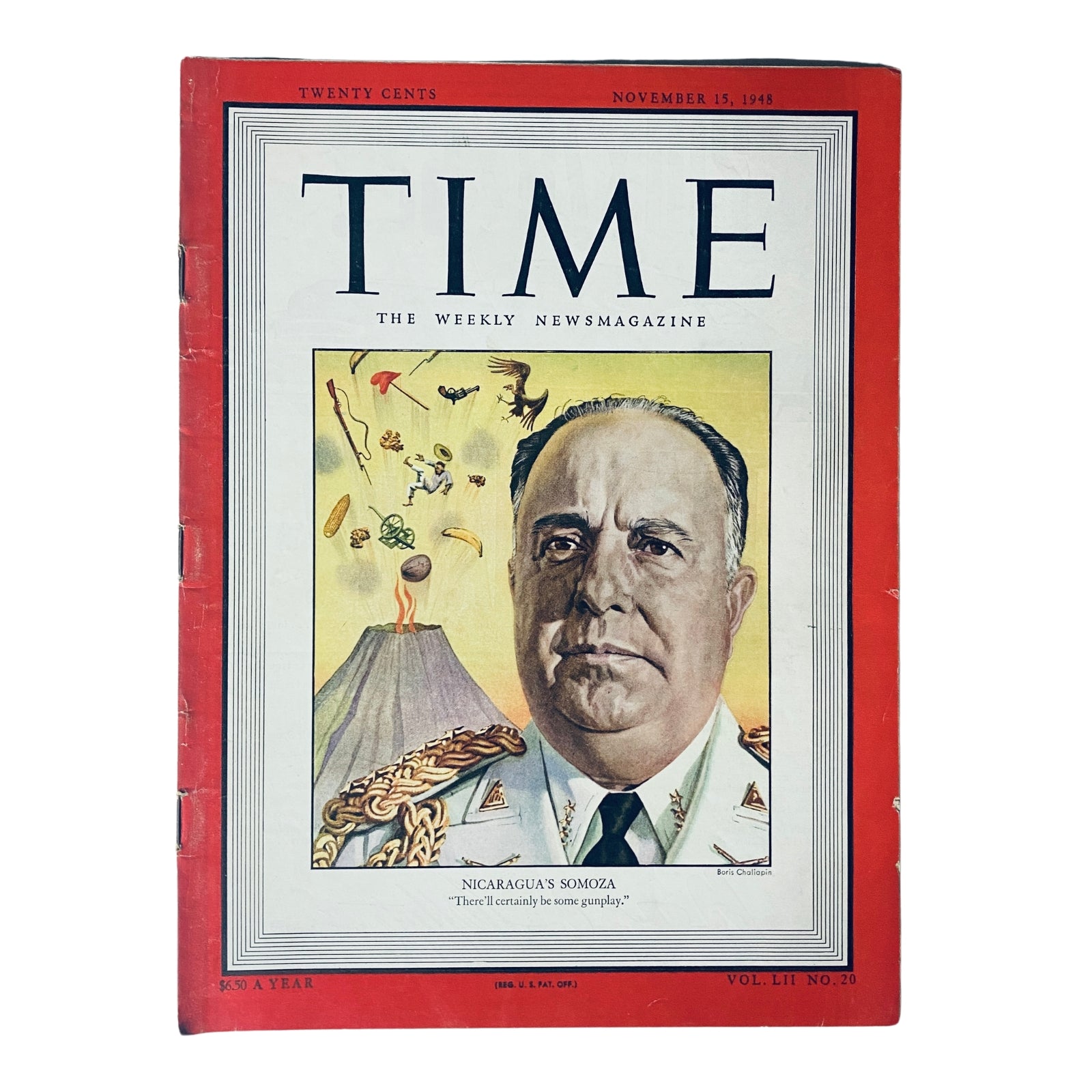 Cover of Time Magazine from November 15, 1948, Volume 52, Number 20, featuring Nicaragua's Anastasio Somoza. The image showcases Somoza in military attire, with a colorful background that hints at themes of nature and Latin American culture.
