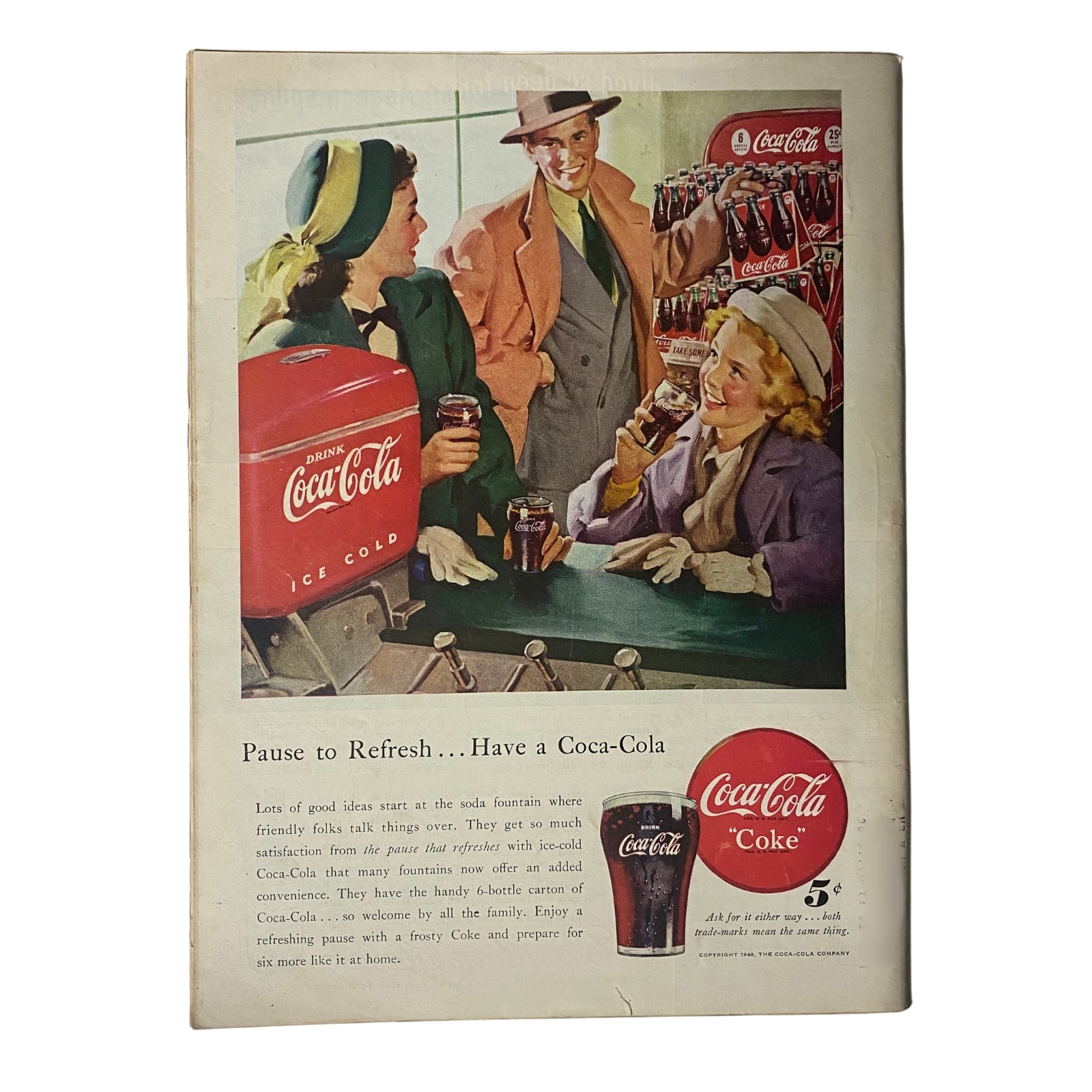 Vintage advertisement for Coca-Cola featuring a group of four people enjoying drinks at a soda fountain. The ad captures a friendly social setting, promoting Coca-Cola with the slogan 'Pause to Refresh... Have a Coca-Cola'. This image is related to Time Magazine November 15, 1948 Vol 52 No. 20 featuring Nicaragua's Anastasio Somoza.