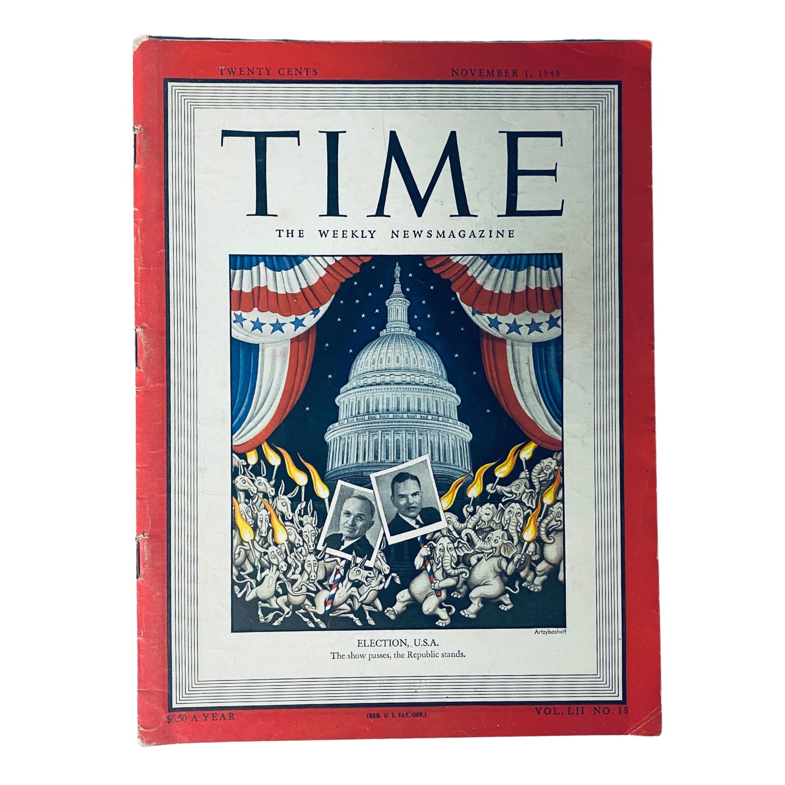 Time Magazine November 1, 1948 Vol 52 No 18 Election, U.S.A cover featuring illustrated Capitol building and political candidates, representing pivotal presidential race.