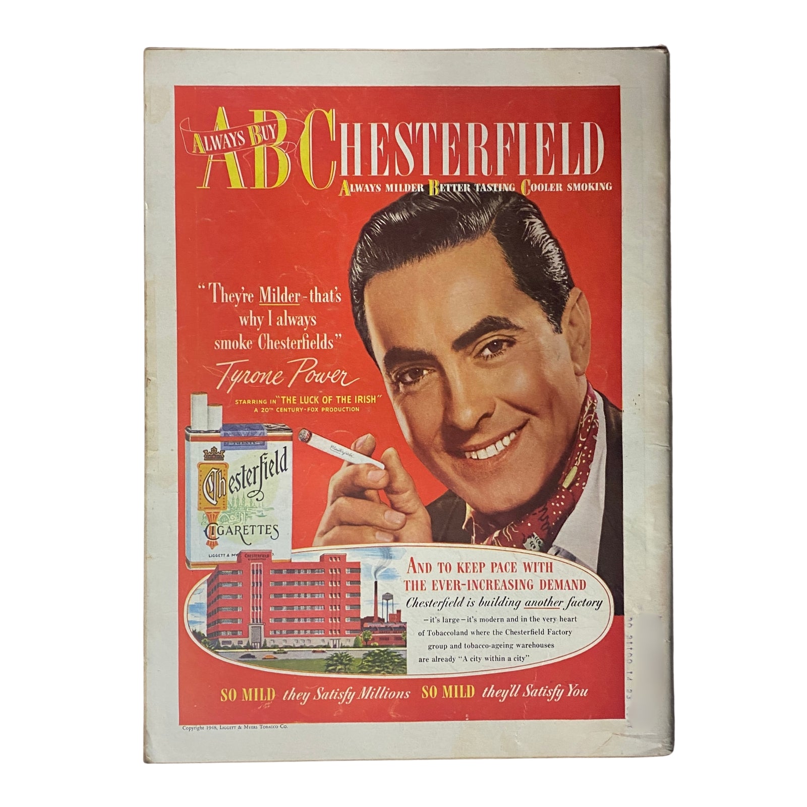 Chesterfield cigarettes advertisement featuring Tyrone Power promoting the brand, emphasizing mildness and taste, aligned with the vintage aesthetic of the 1940s.