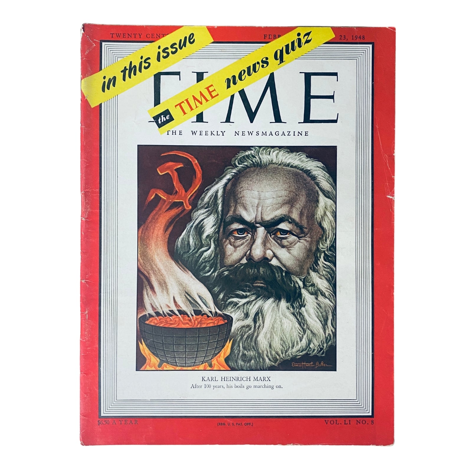 Time Magazine cover from February 23, 1948, featuring Karl Heinrich Marx, Vol. 51 No. 8. The cover showcases an illustration of Marx with a bowl of flames and communist symbols, highlighting the centenary of The Communist Manifesto.