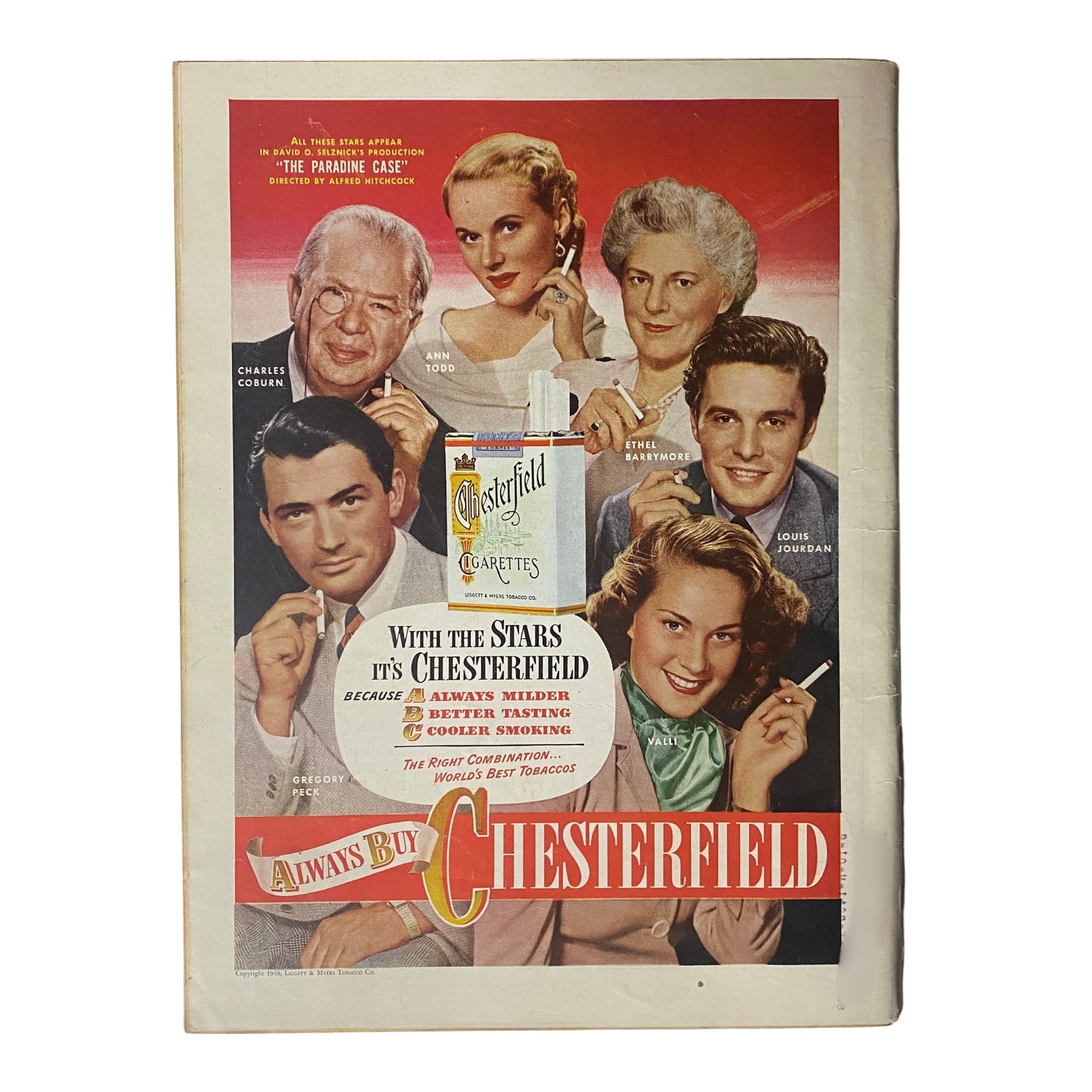 Chesterfield cigarette advertisement featuring various stars of the era, accompanied by the tagline 'With the Stars it's Chesterfield'. This advertisement emphasizes the brand's appeal and quality, set against a vibrant backdrop.