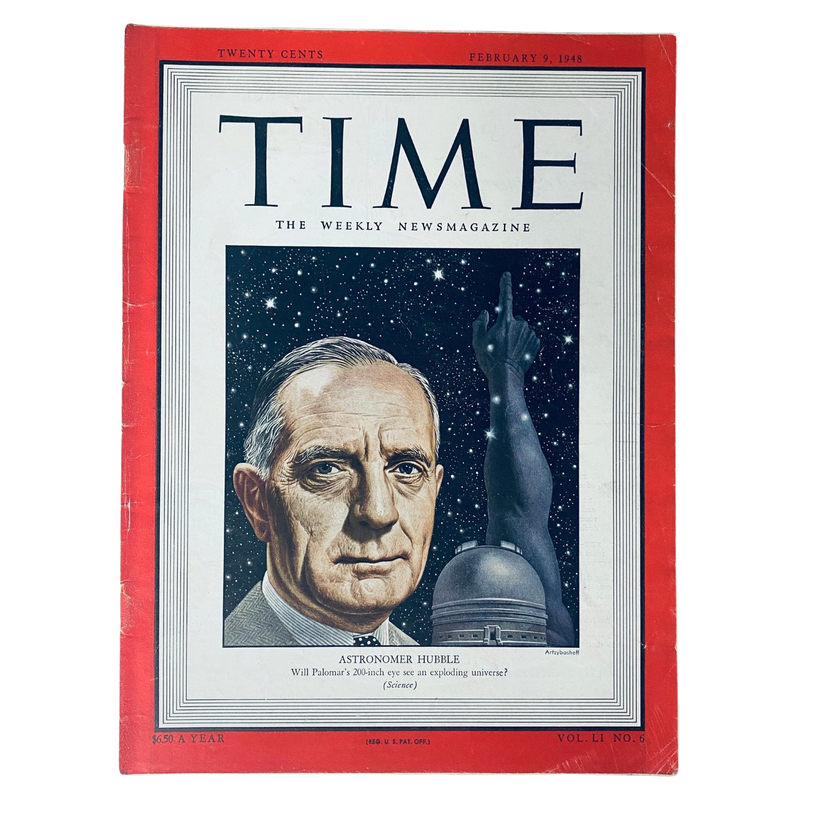 Time Magazine cover from February 9, 1948, Vol. 51, No. 6 featuring renowned astronomer Edwin P. Hubble, highlighted against a cosmic background.