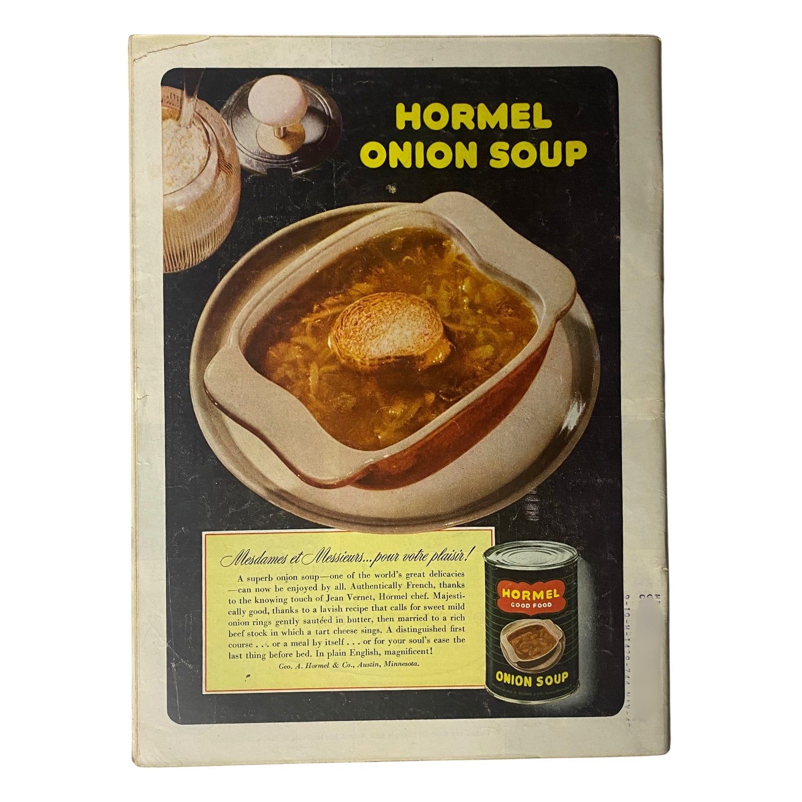 Back cover of a vintage advertisement for Hormel Onion Soup, showcasing the soup in a dish with a slice of bread on top, emphasizing its culinary appeal.